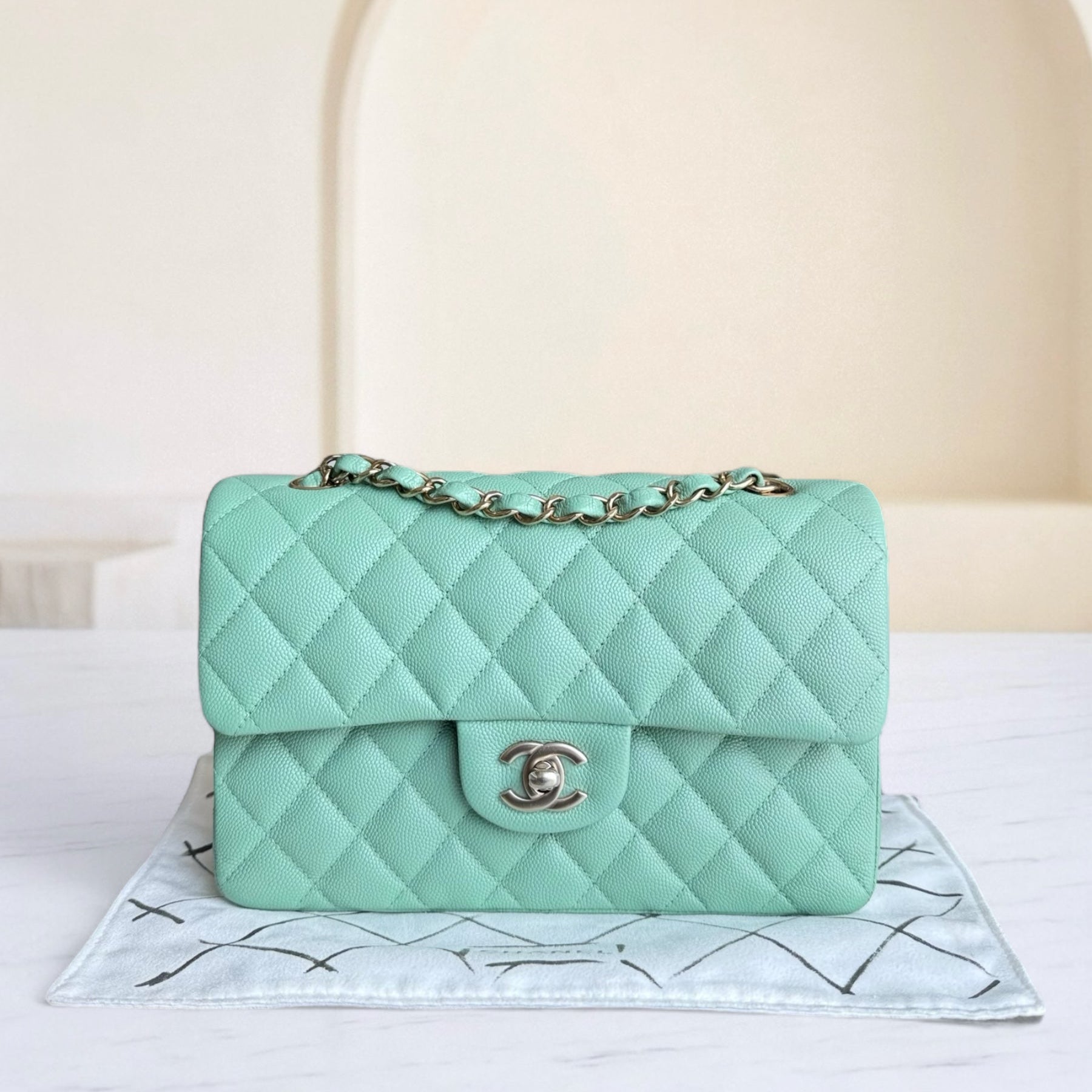 Chanel Classic Flap Small - Caviar 23CM Quilted Grained Calfskin Light Green Light Gold Hardware Microchip