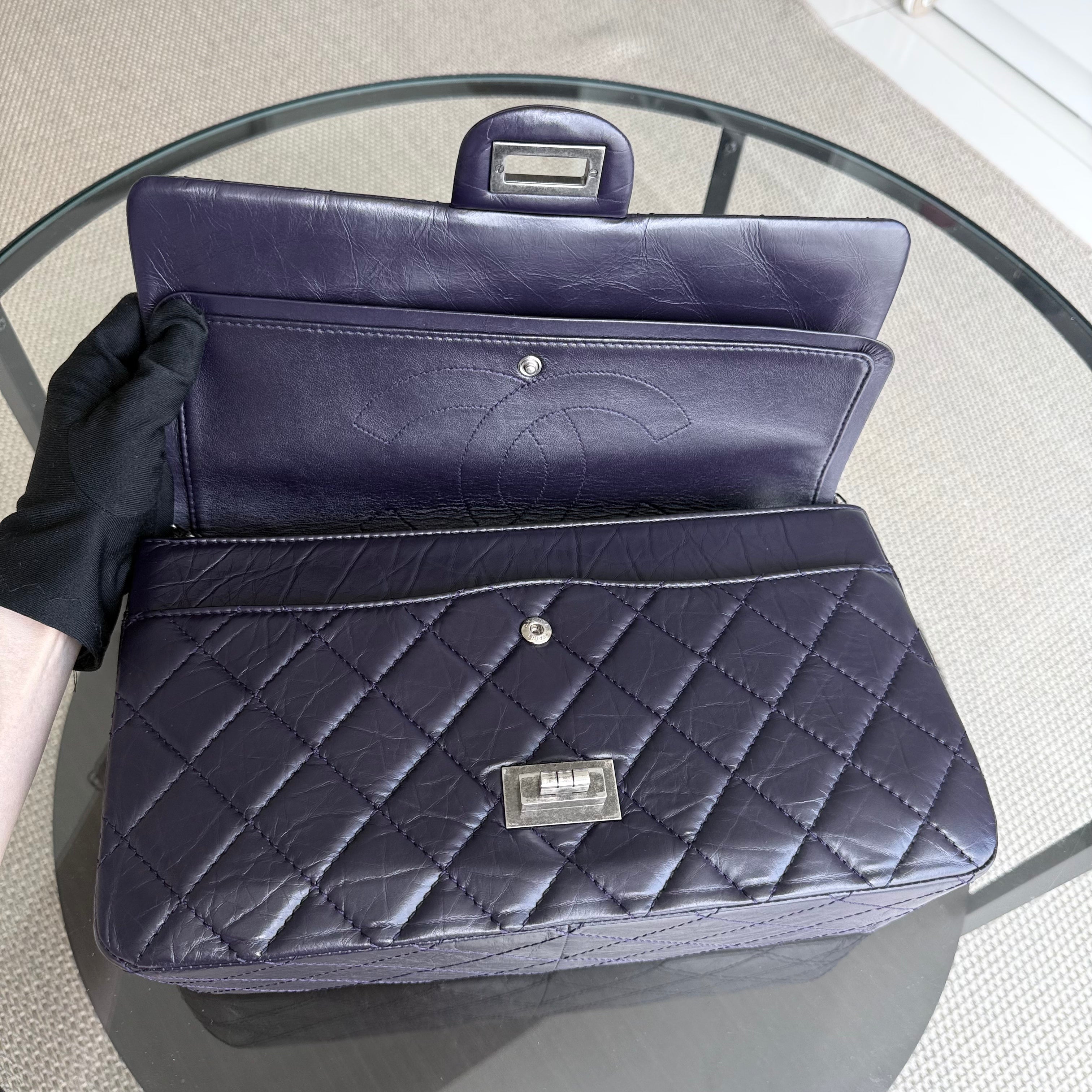 Chanel 2.55 Reissue 227 Large - Cannage Aged Calfskin Dark Violet Purple Ruthenium Silver Hardware Series 17