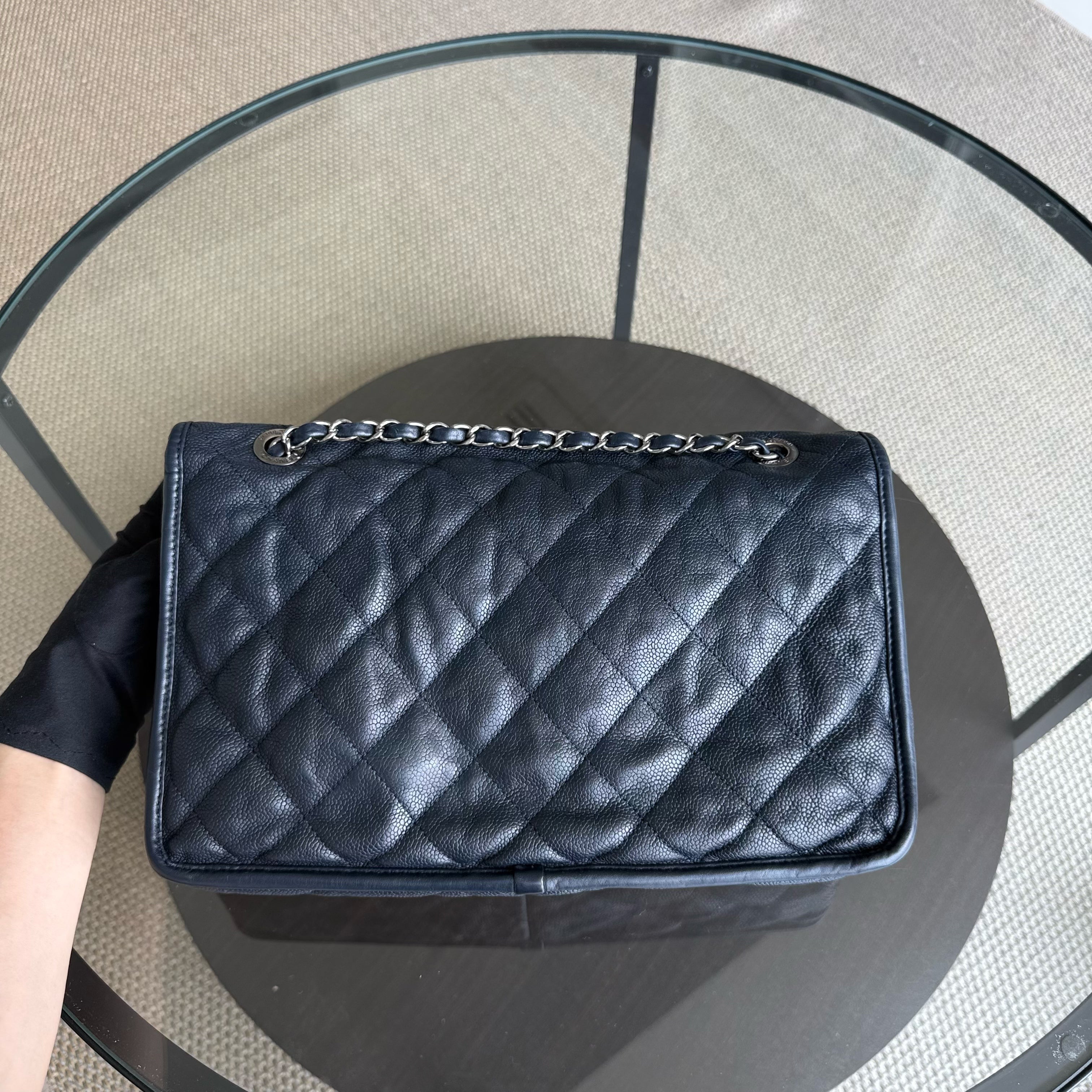 Chanel Seasonal Flap French Riviera Jumbo - Caviar 30CM Quilted Calfskin Dark Blue Silver Hardware Series 19