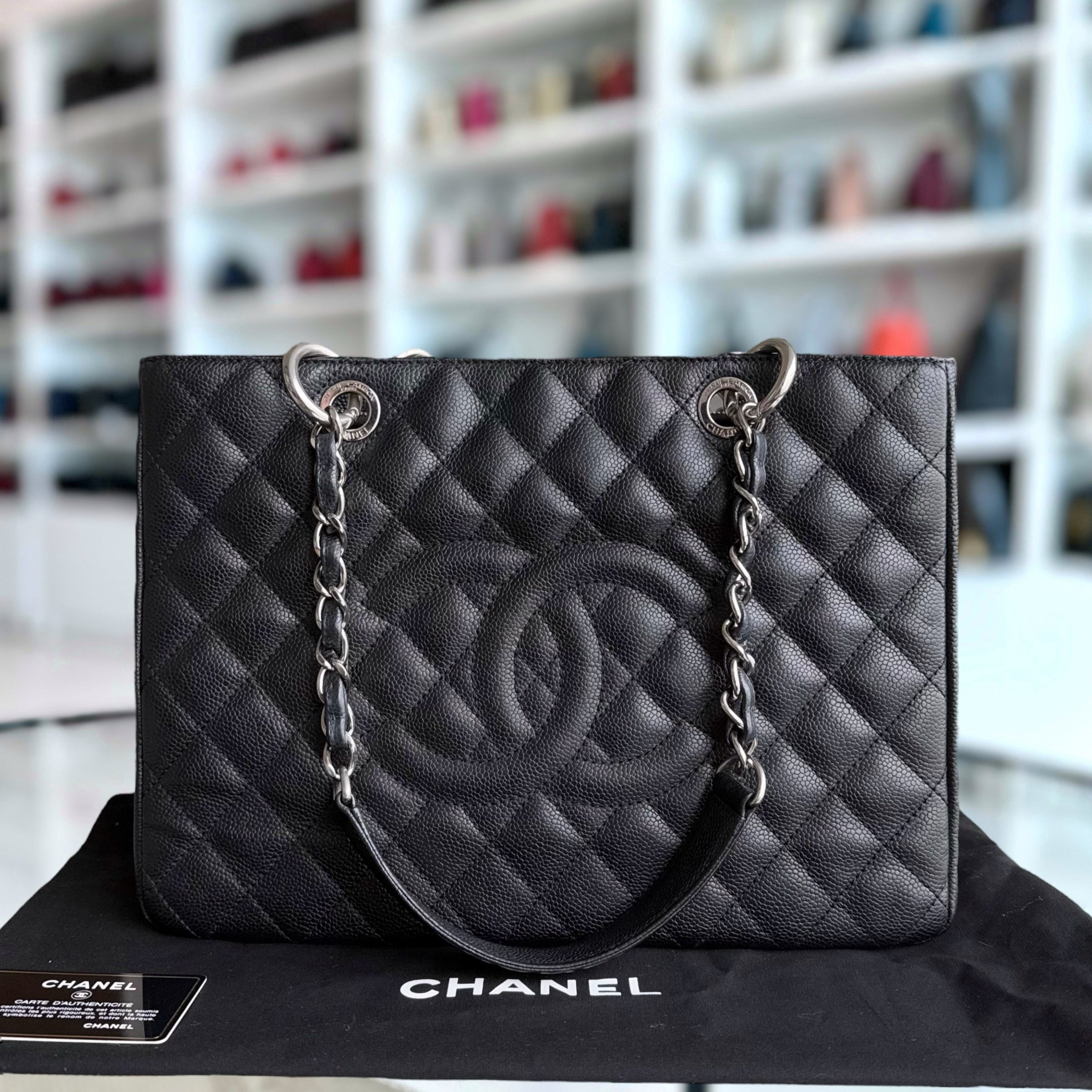 Chanel GST Grand Shopping Tote - Caivar Quilted Black Silver Hardware