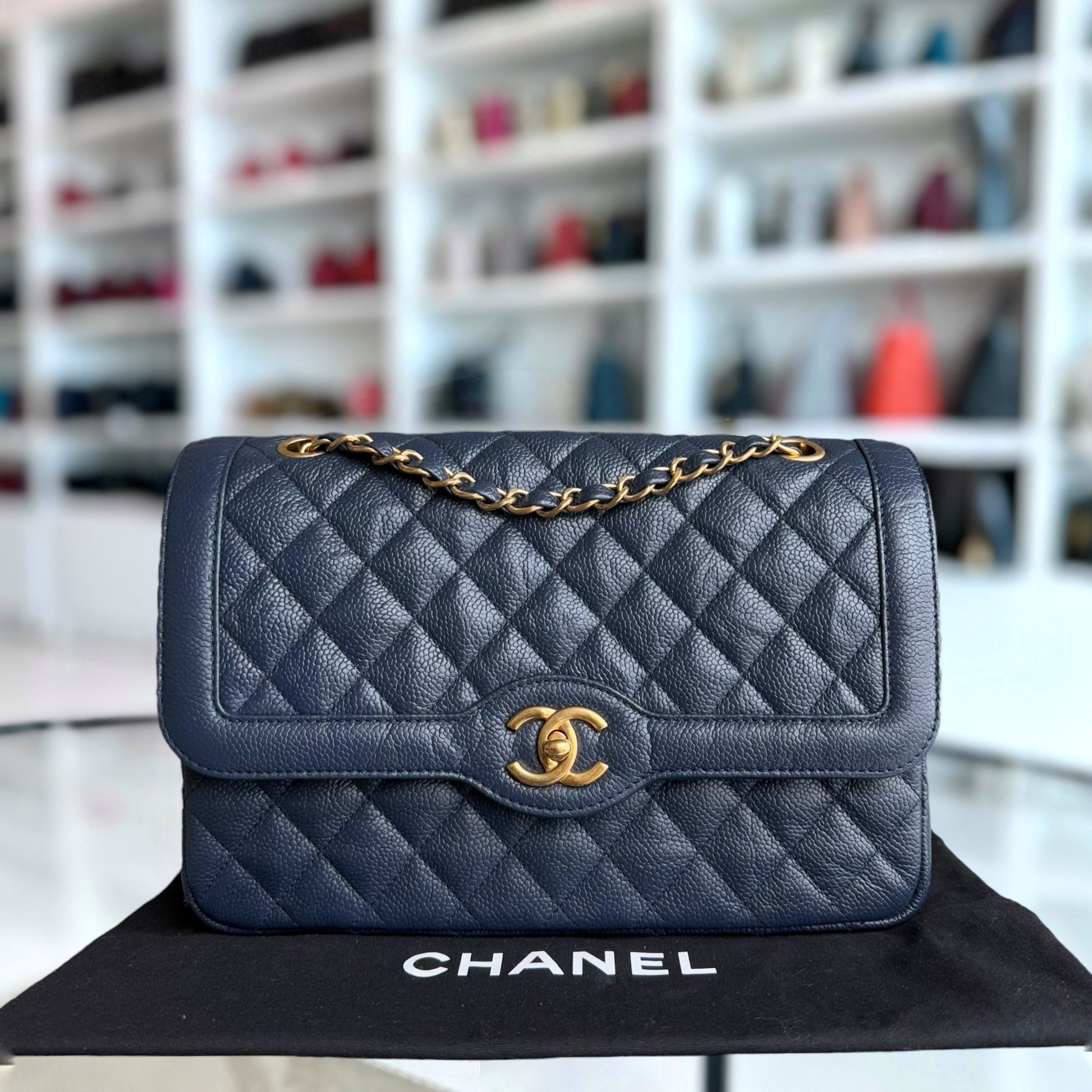 Chanel Two Tone Flap - Medium Crumpled Grained Calfskin Navy Blue Gold Series 21