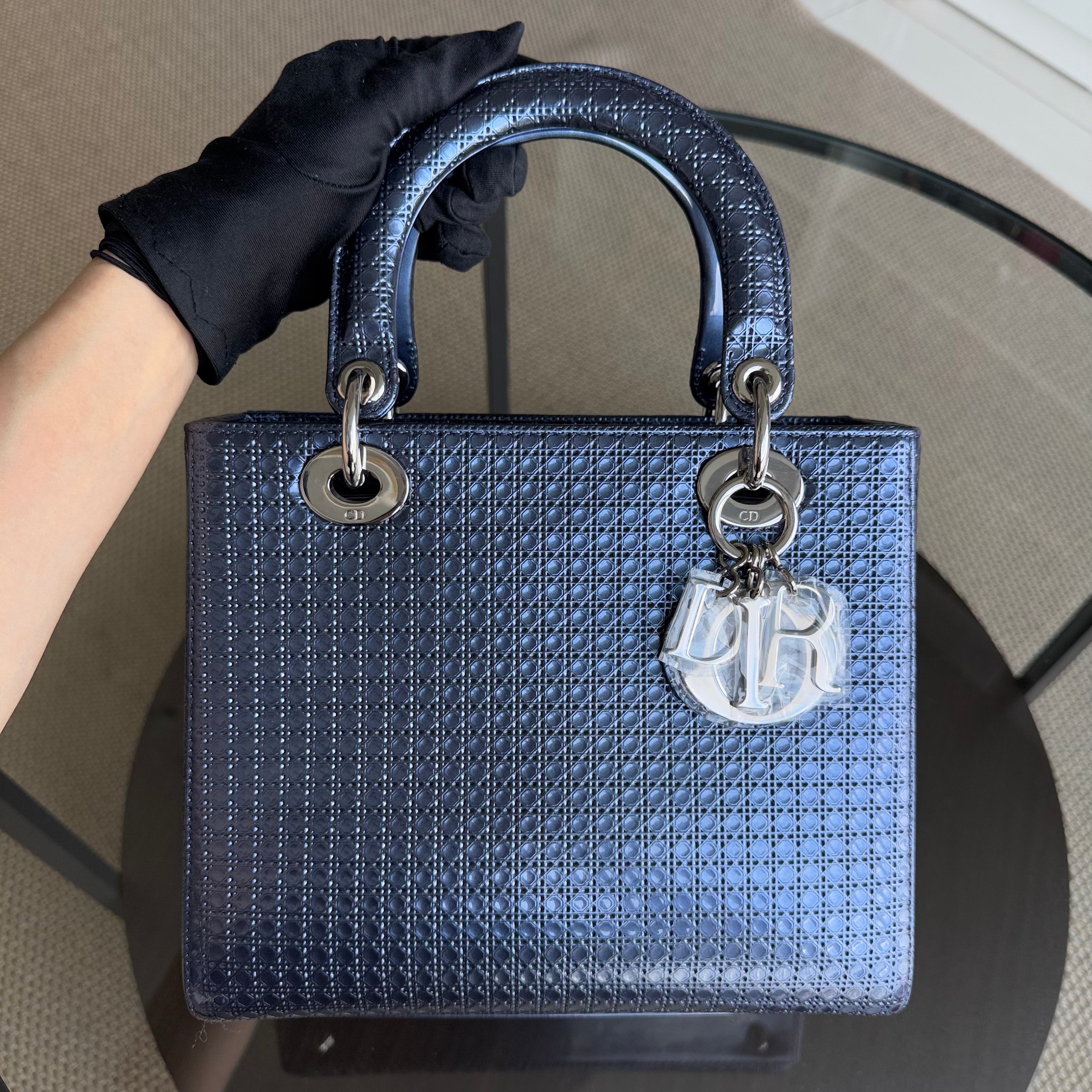 Dior Lady Medium - Metallic Micro-Cannage Blue Silver Hardware