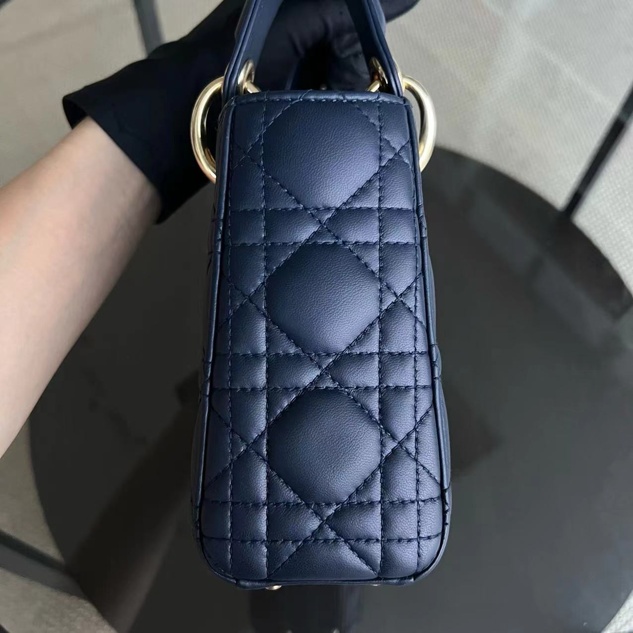 DEPOSIT of Lady Mini Lambskin Cannage Dark Blue Golden Hardware Chain Strap