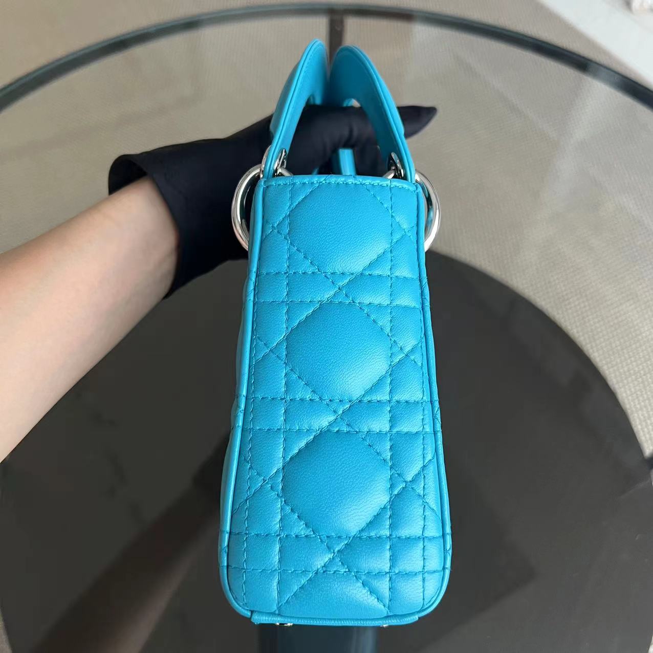 Dior Lady Mini Cannage Lambskin Cyan Blue Silver Hardware