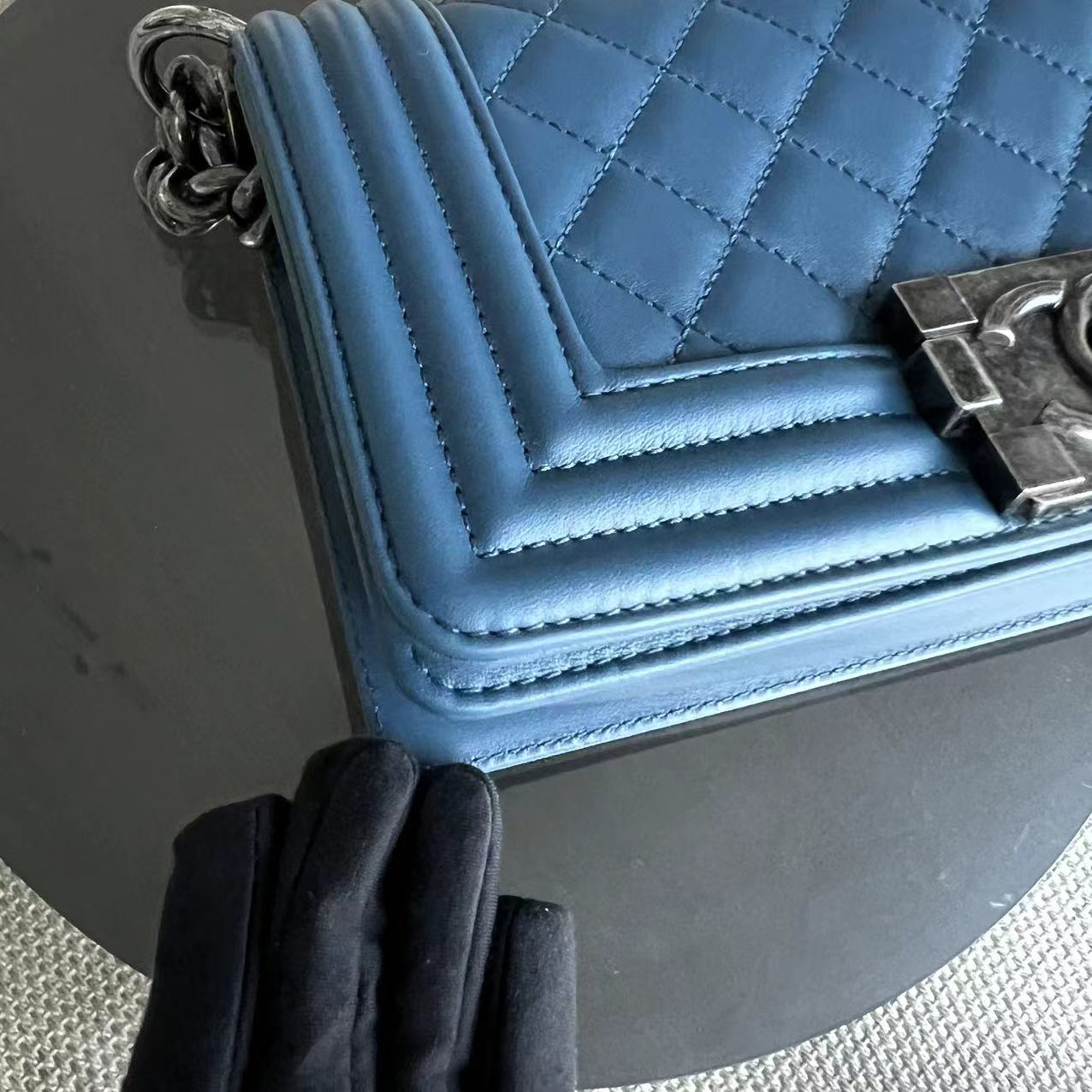 Small Boy Quilted Lambskin Blue Ruthenium Silver Hardware Series 23