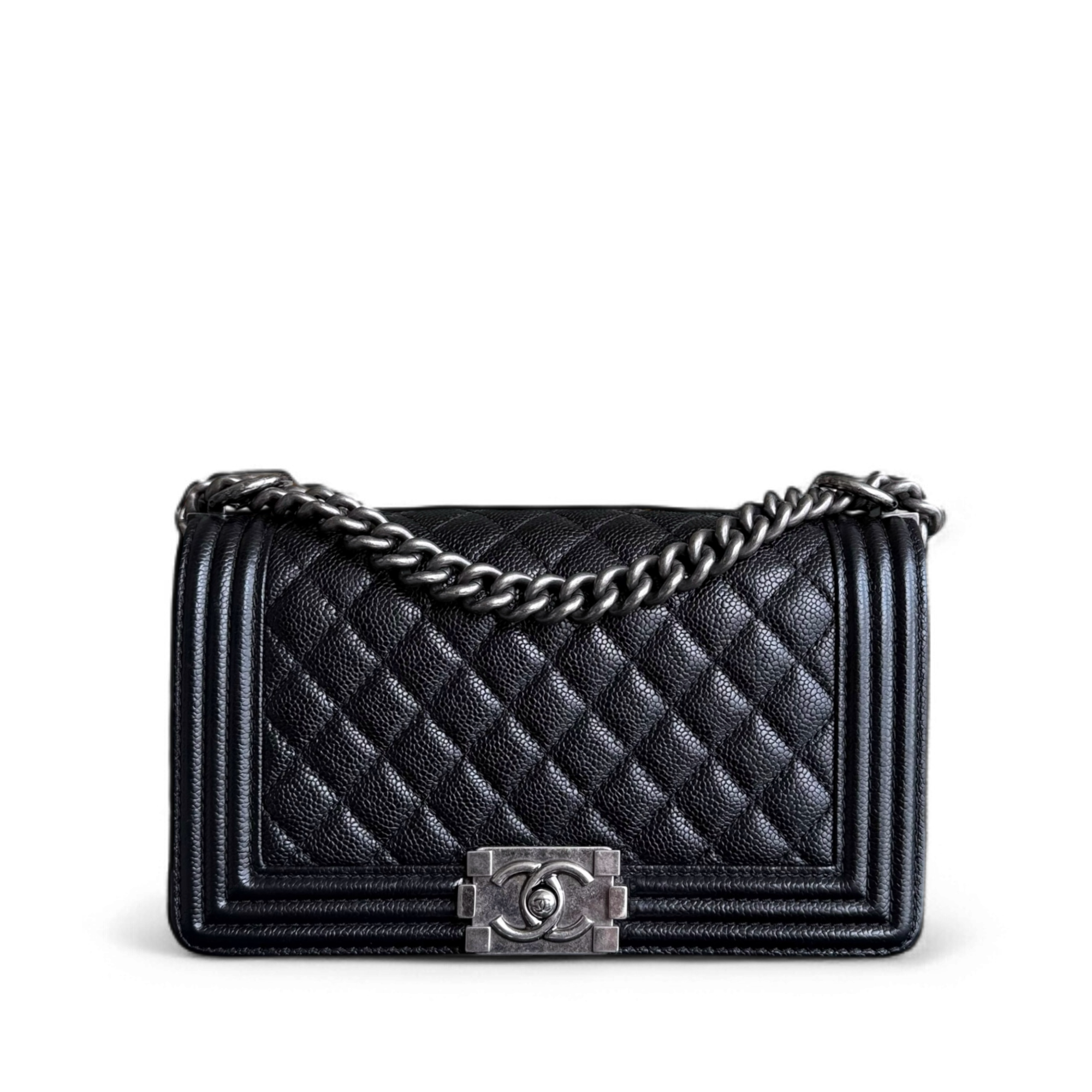 Chanel Boy Medium - Caviar 25CM Quilted Black Ruthenium Silver Hardware Series 19