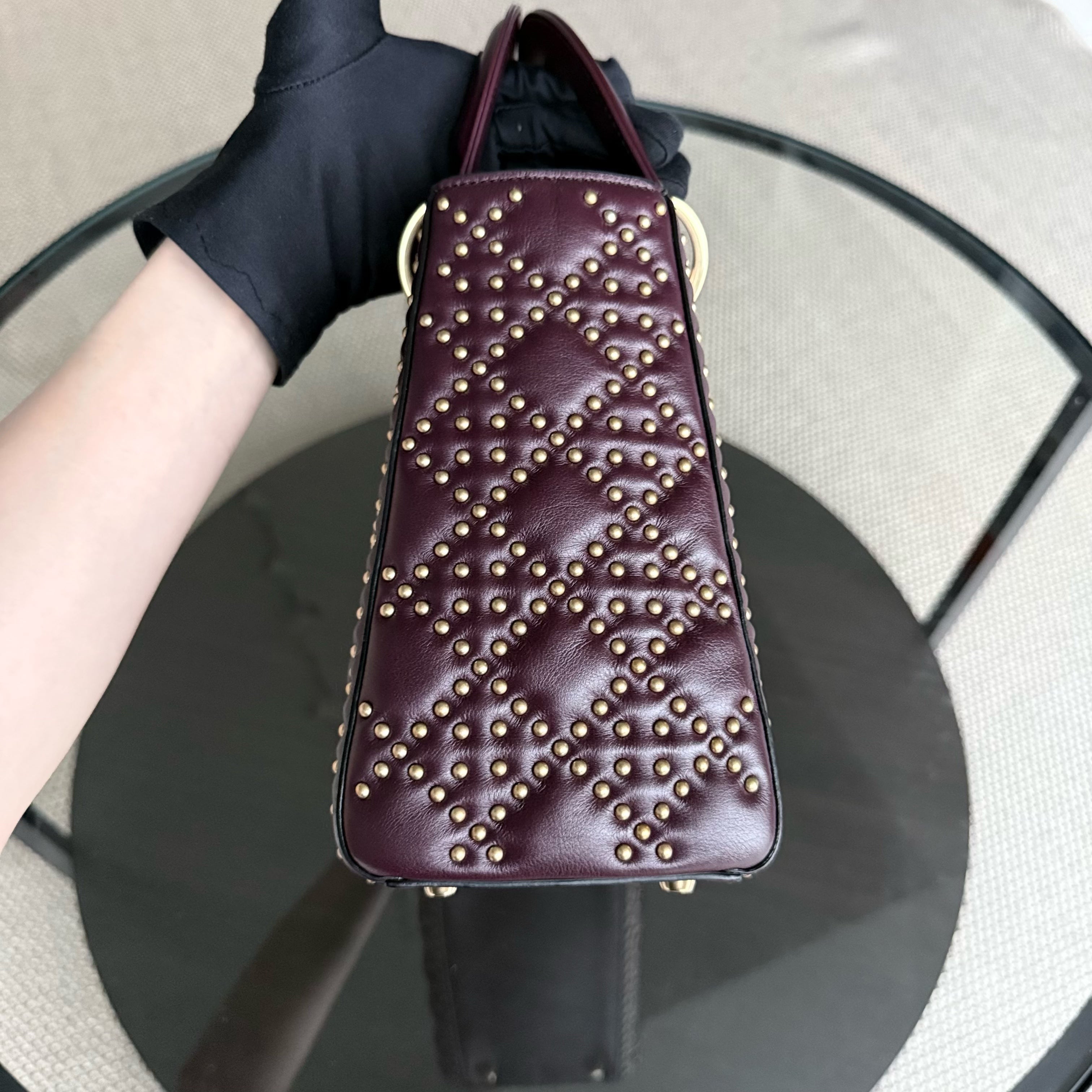 Dior Lady Medium Flap - Studded Cannage Calfskin Burgundy Red Gold Hardware