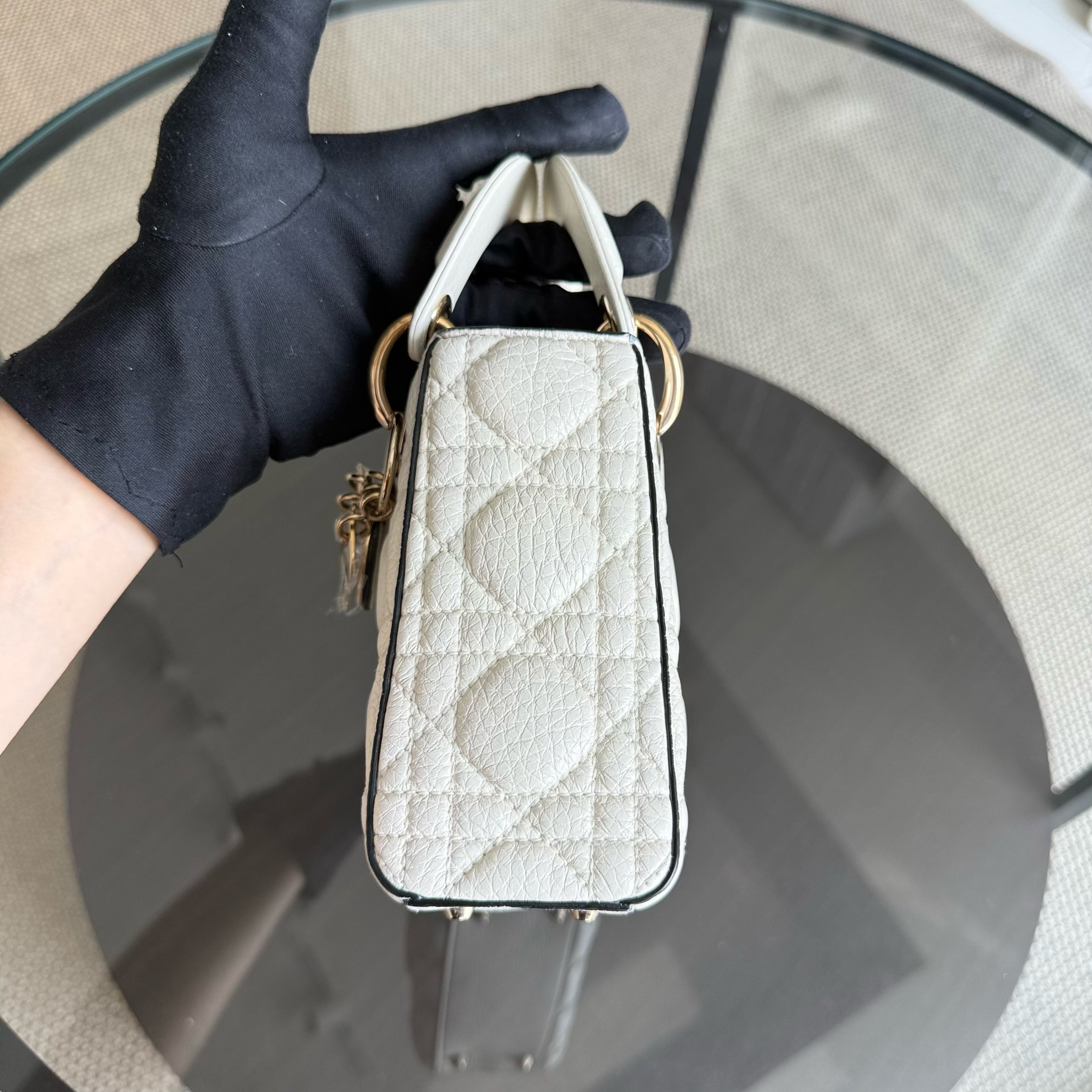 Dior Lady Mini - Grained Calfskin Cannage White Gold Hardware