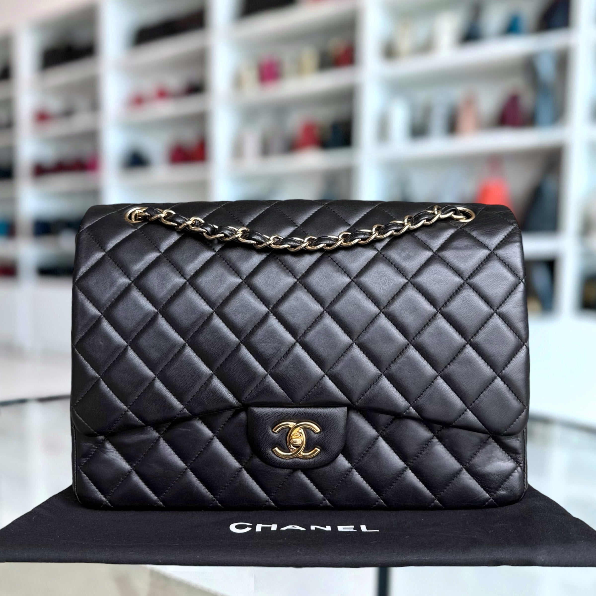 Chanel Classic Flap Maxi - 34CM Quilted Single Flap Lambskin Black Gold Hardware Series 13