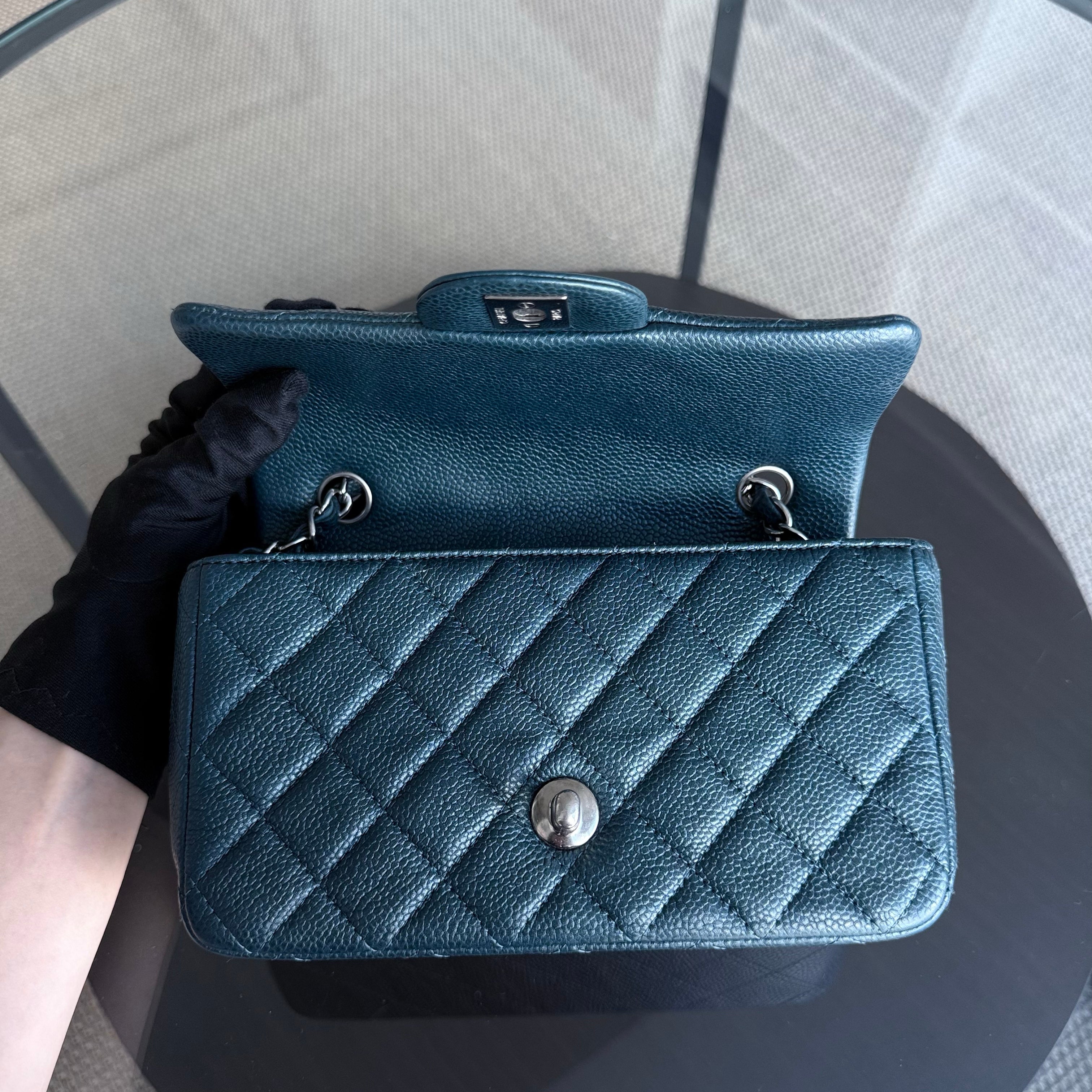 Chanel Classic Flap Mini - 20CM Caviar Quilted Dark Blue Green Silver Hardware Series 20