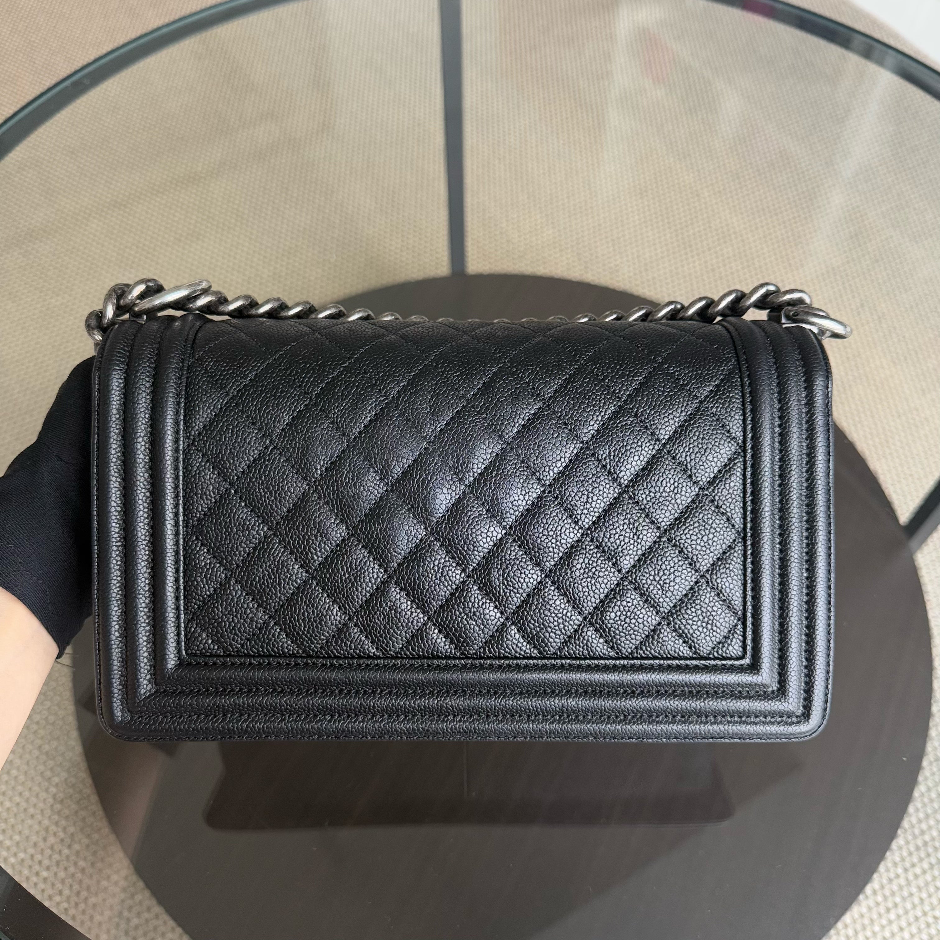 Chanel Boy Medium - Caviar 25CM Quilted Black Ruthenium Silver Hardware Series 23