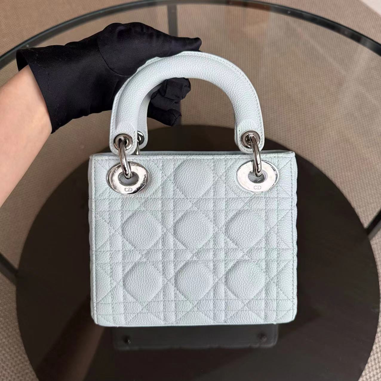 *Rare Caviar* Dior Lady Mini - Cannage Grained Calfskin Glacier White Ice Blue Silver Hardware Adjustable Strap