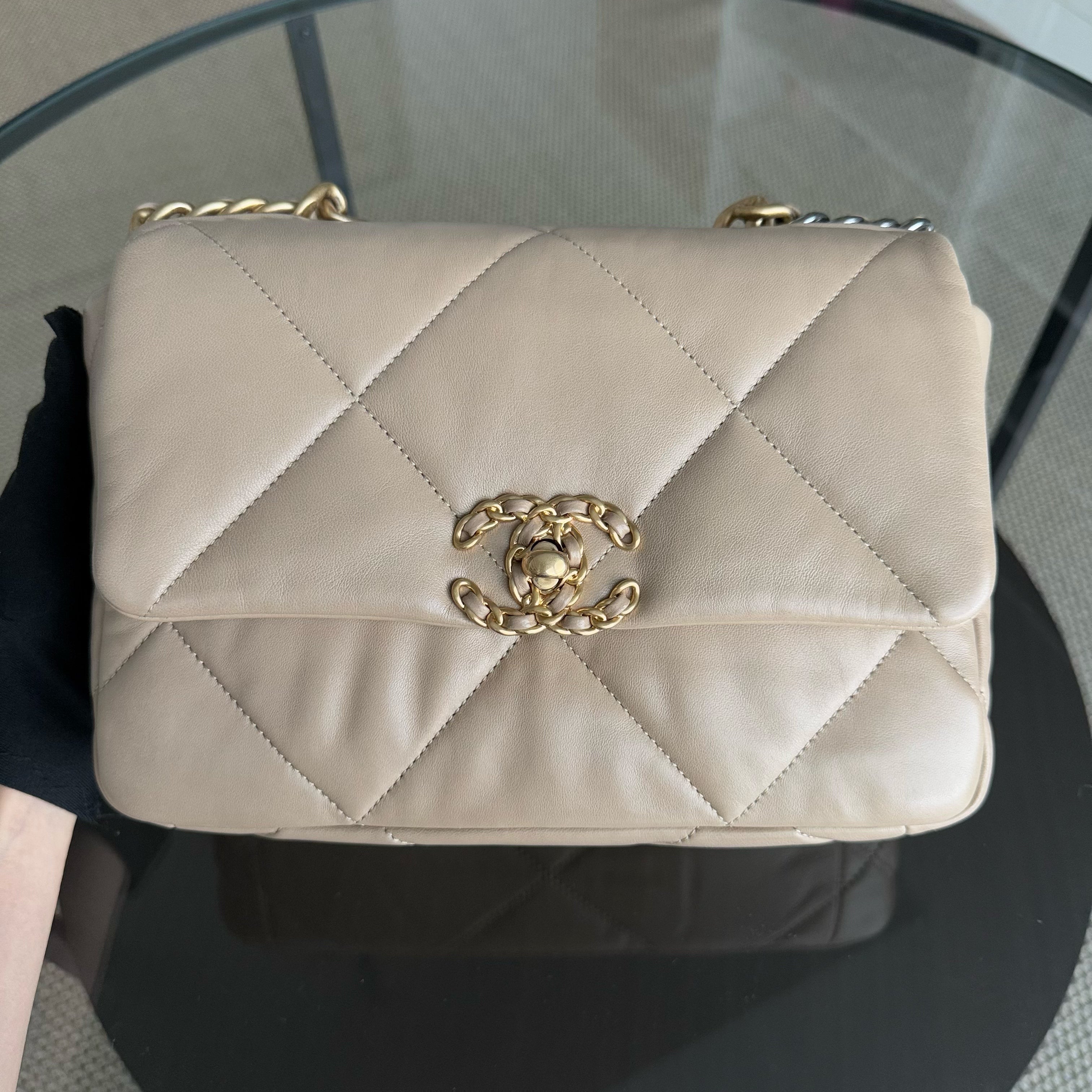 Chanel 19 Bag Small - C19 Quilted Goatskin Beige Two-tone Hardware Series 31