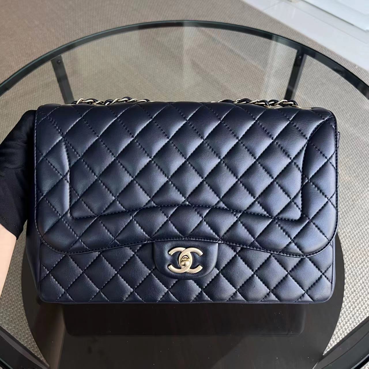 Chic Flap Jumbo Mademoiselle Quilted Lambskin Dark Blue Golden Hardware Series 21