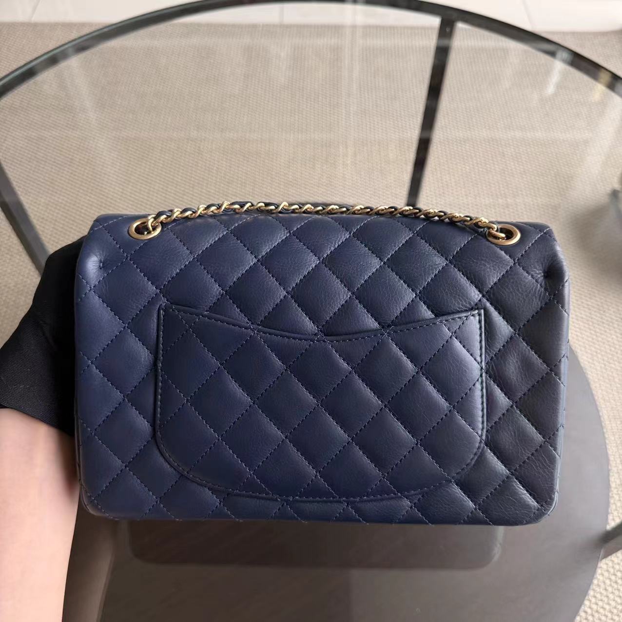 Chanel Classic Flap Medium - 25CM Rock The Corner Seasonal Gold Plate Quilted Calfskin Navy Blue Gold Hardware Series 24