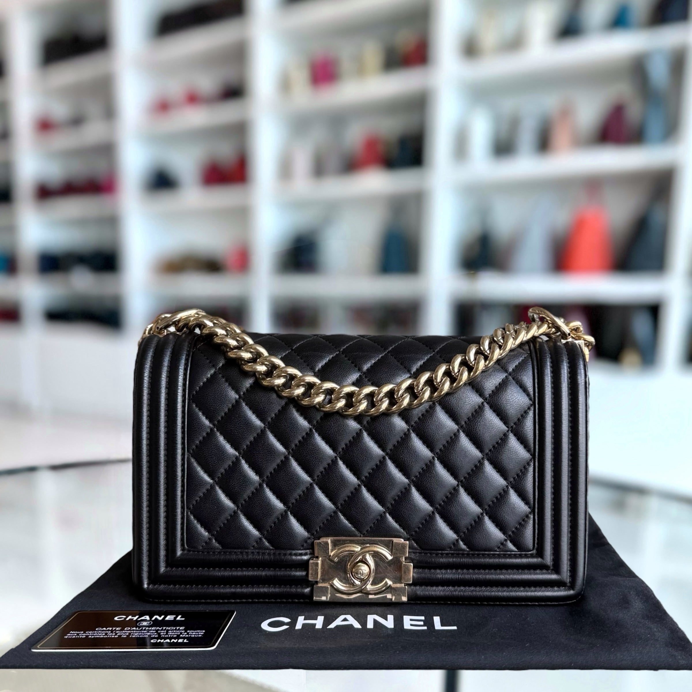 Chanel Boy Medium - 25CM Quilted Lambskin Black Gold Hardware Series 22