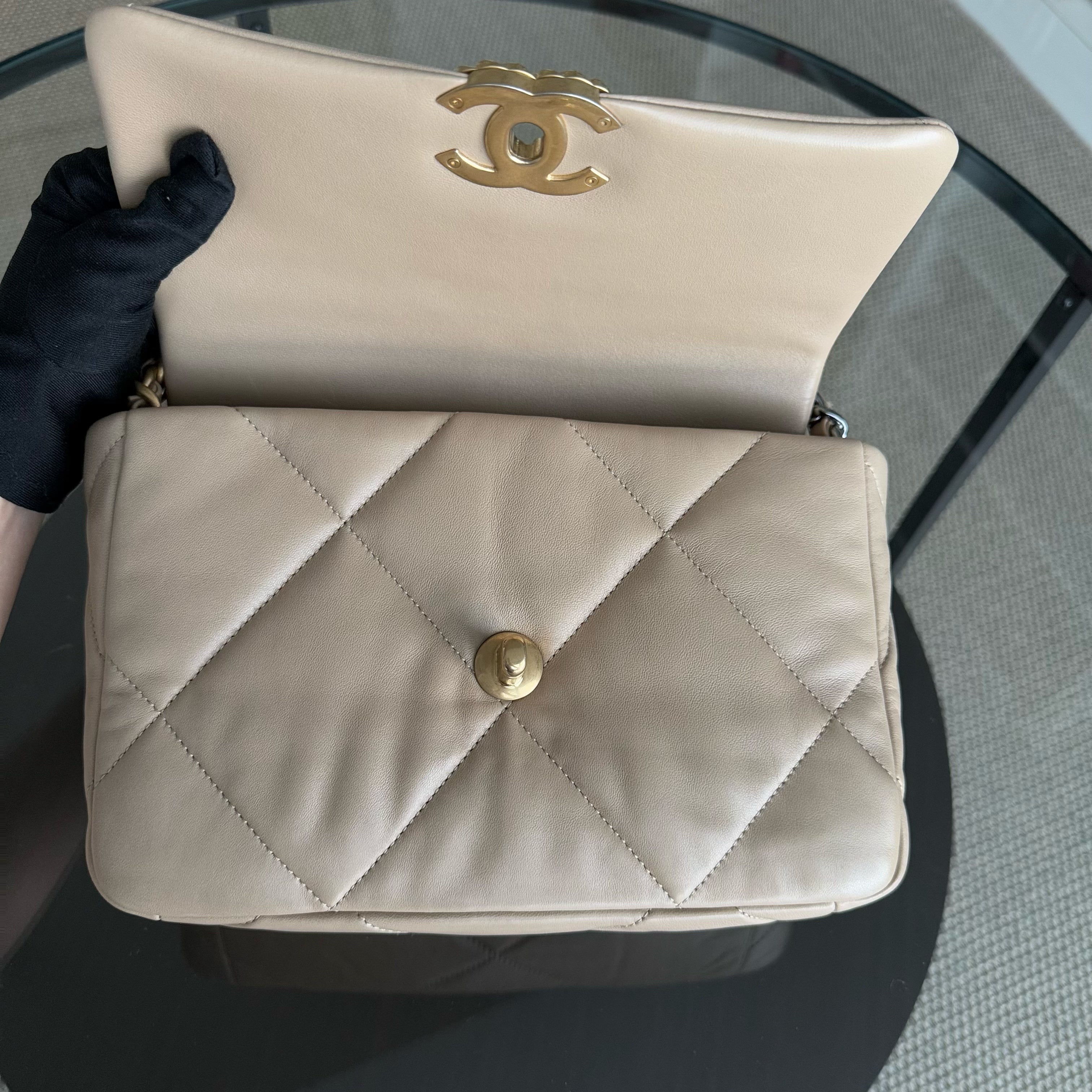 Chanel 19 Bag Small - C19 Quilted Goatskin Beige Two-tone Hardware Series 31