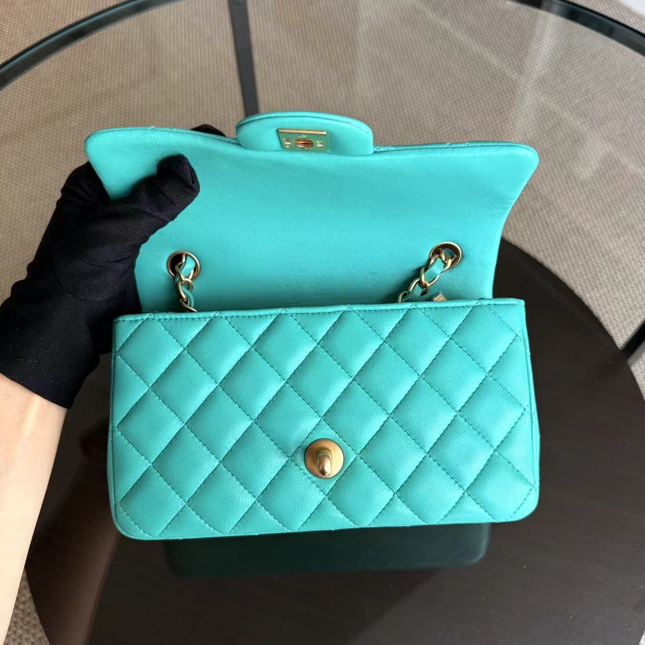 Chanel Classic Flap Mini - 20CM Rectangle Quilted Lambskin Cyan Gold Hardware