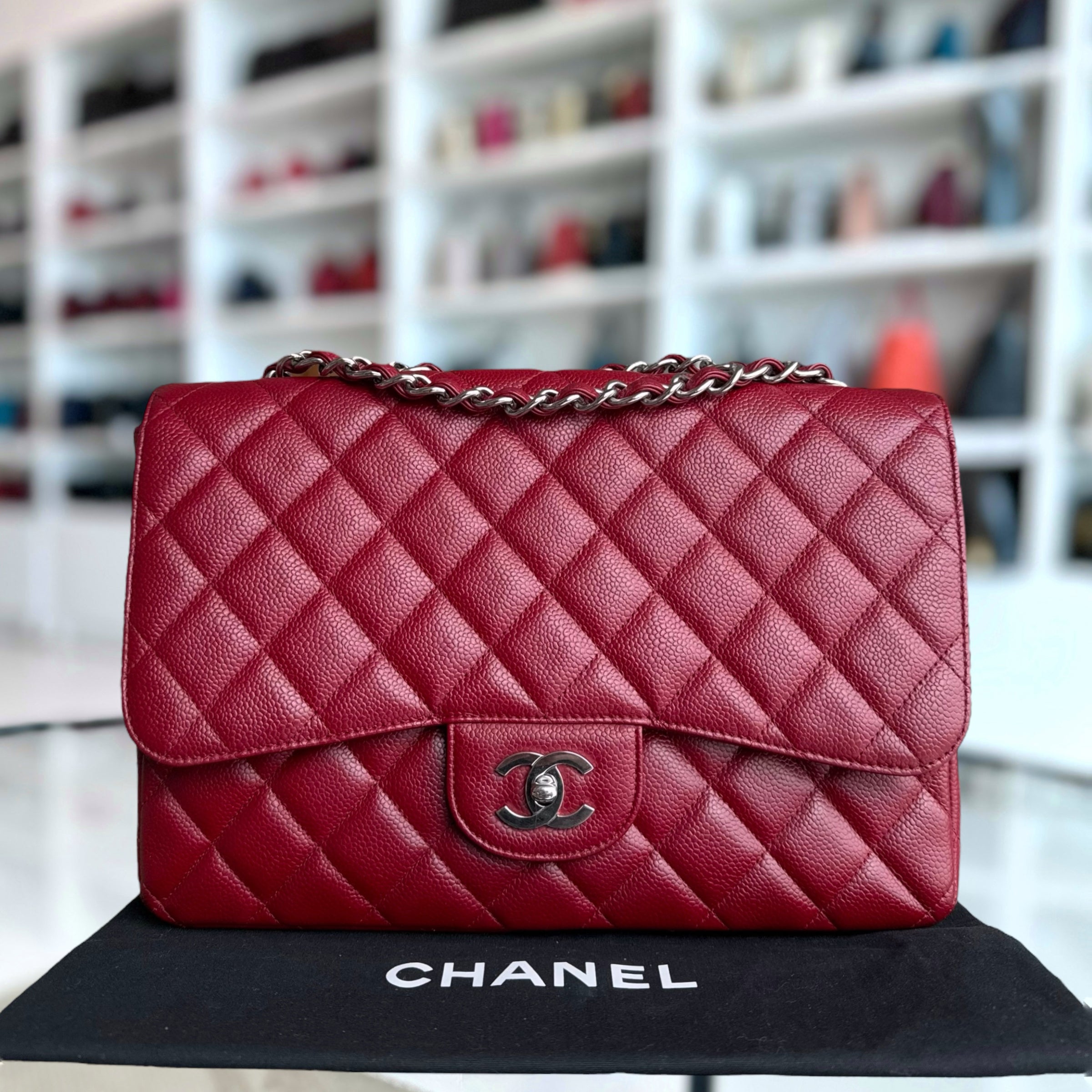 Chanel Classic Flap Jumbo - Caviar 30CM Single Flap Quilted Burgundy Dark Red Silver Hardware Series 13