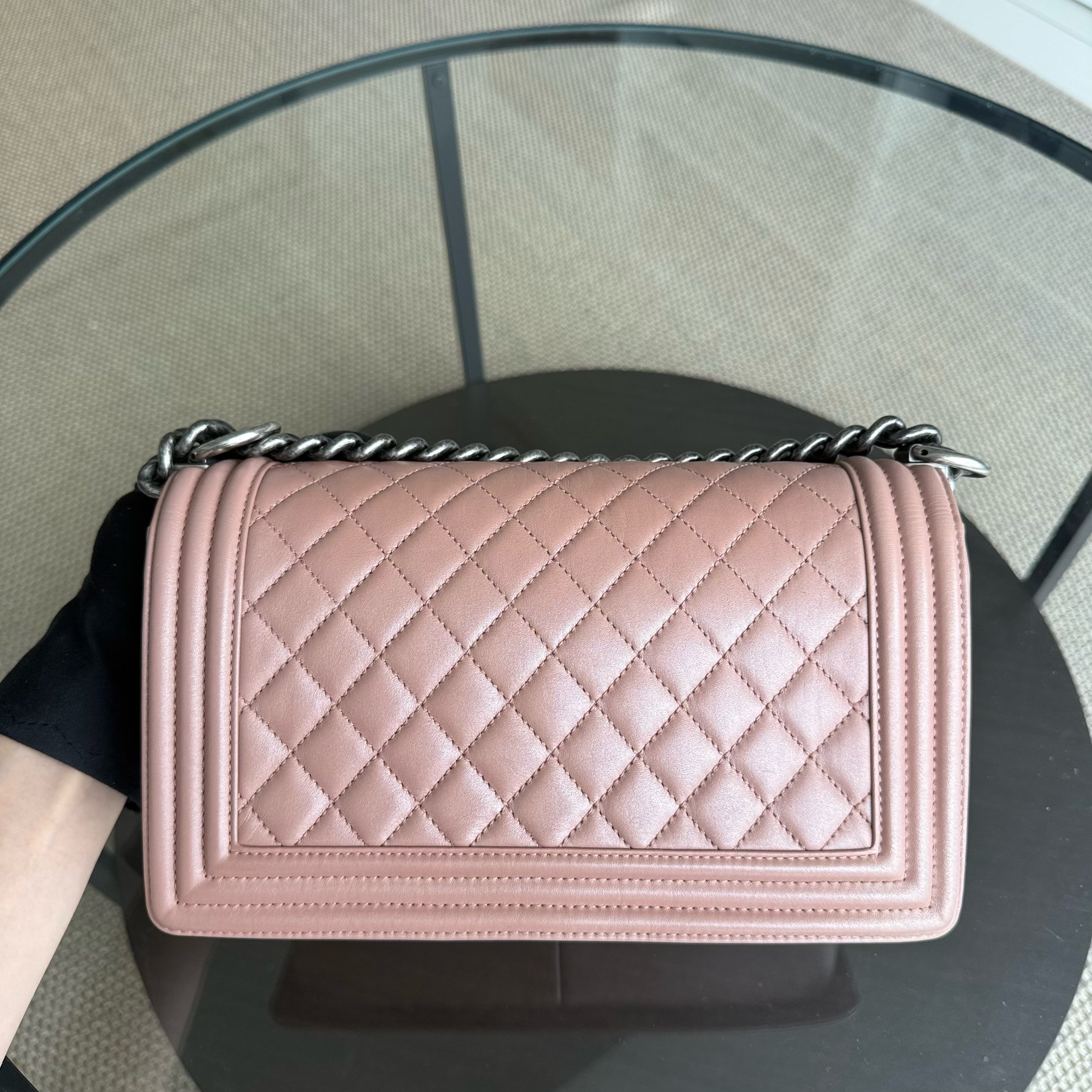 Chanel Boy Medium - 25CM Quilted Lambskin Blush Ruthenium Silver Hardware Series 20