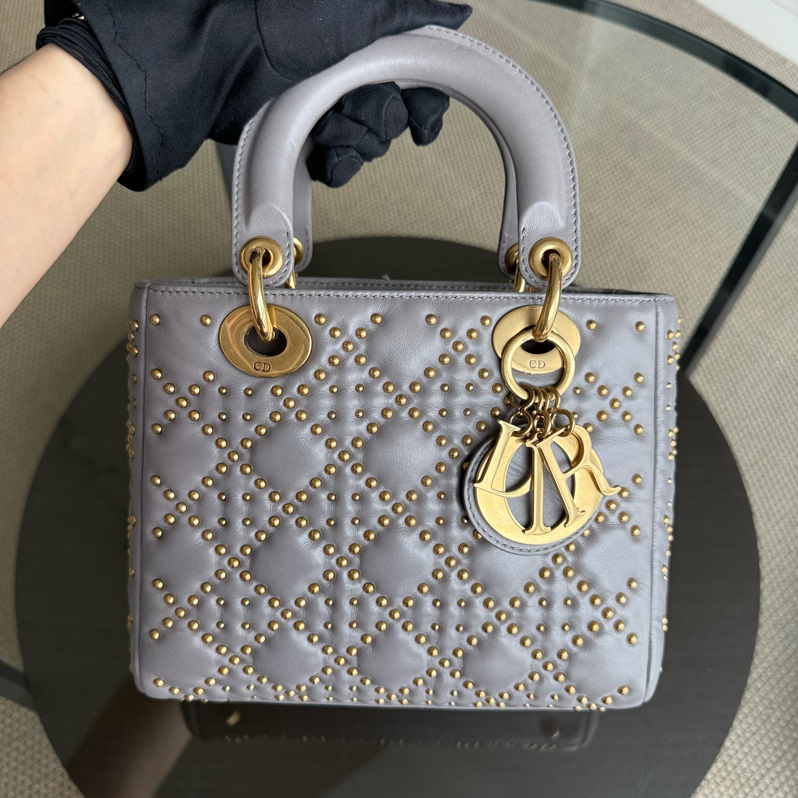 Dior Lady Small - Studded Lambskin Cannage Grey Gray Gold Hardware