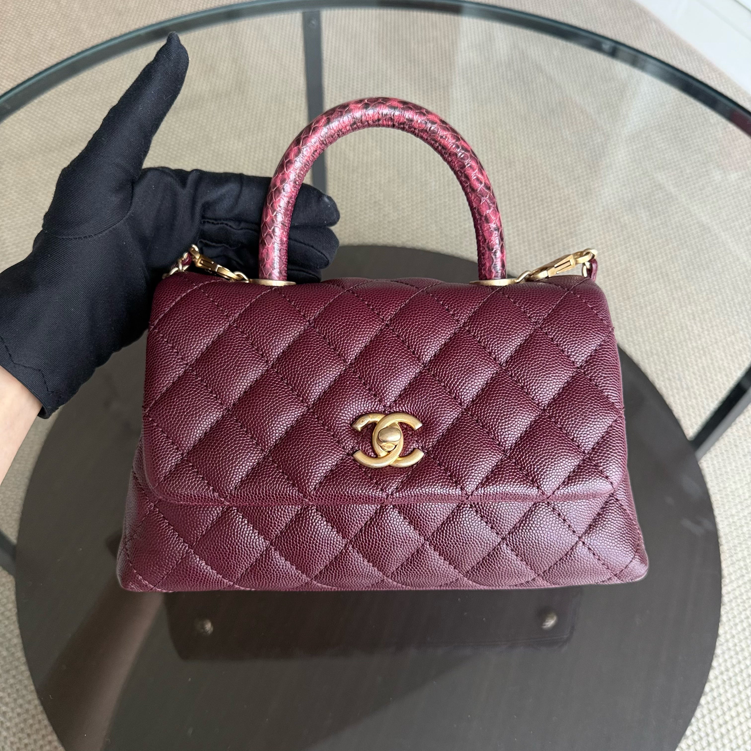 Chanel Coco Handle Small - Caviar Quilted Lizard Burgundy Dark Red Gold Hardware Series 26