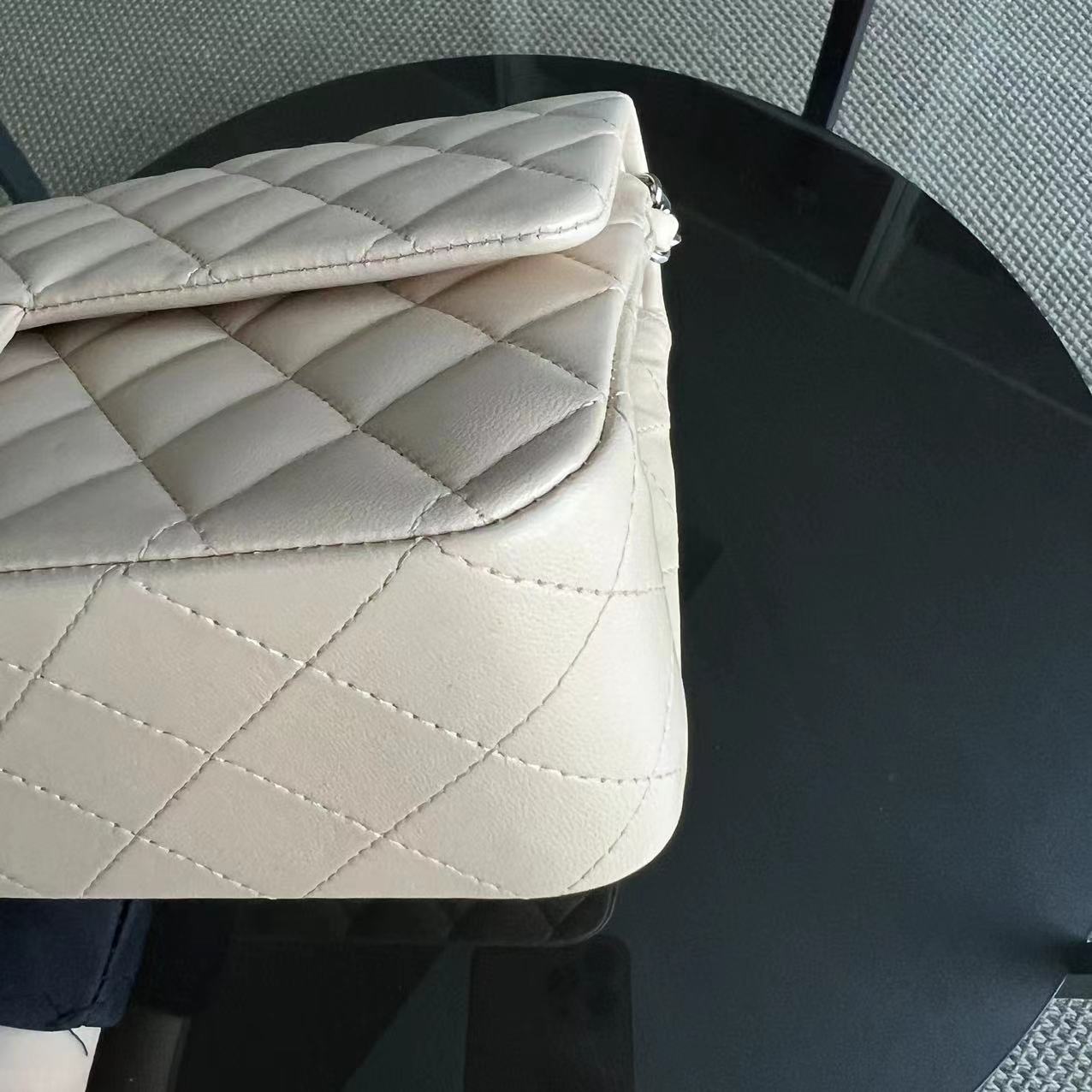 Chanel Medium Classic Flap Double Flap Quilted Lambskin Beige Silver Hardware Series 14