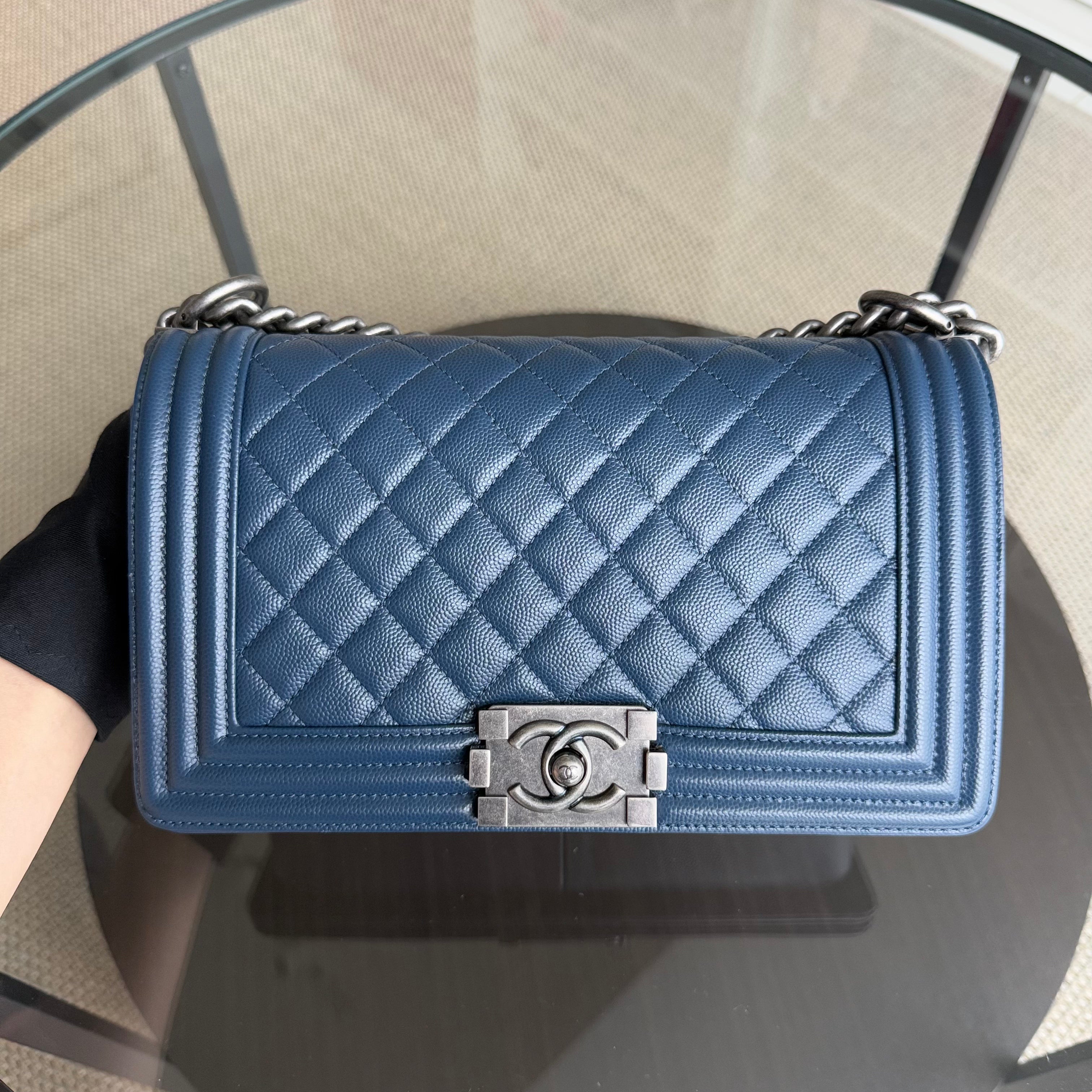 Chanel Boy Medium - Caviar 25CM Quilted Dark Navy Blue Ruthenium Silver Hardware Series 25