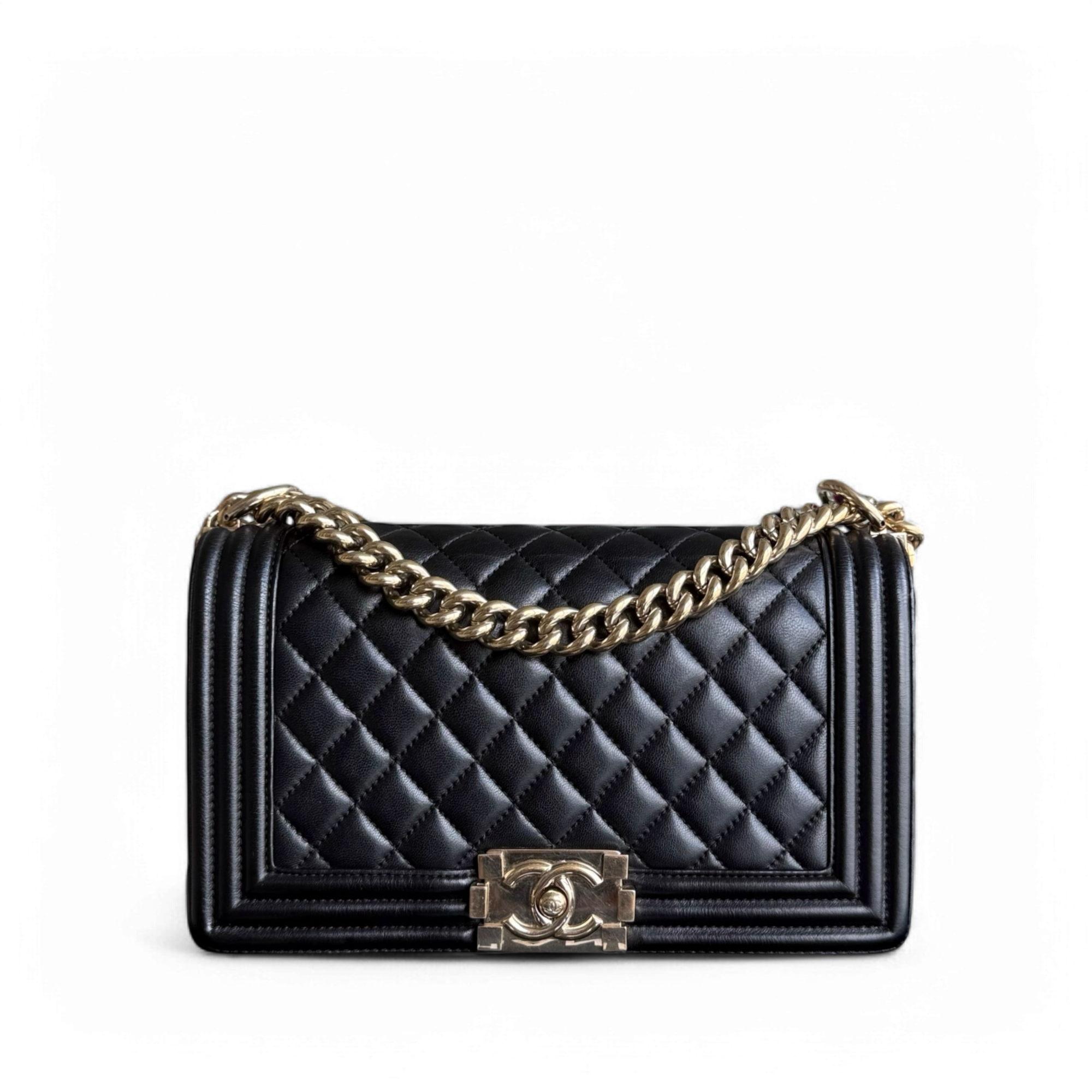 Chanel Boy Medium - 25CM Quilted Lambskin Black Gold Hardware Series 22