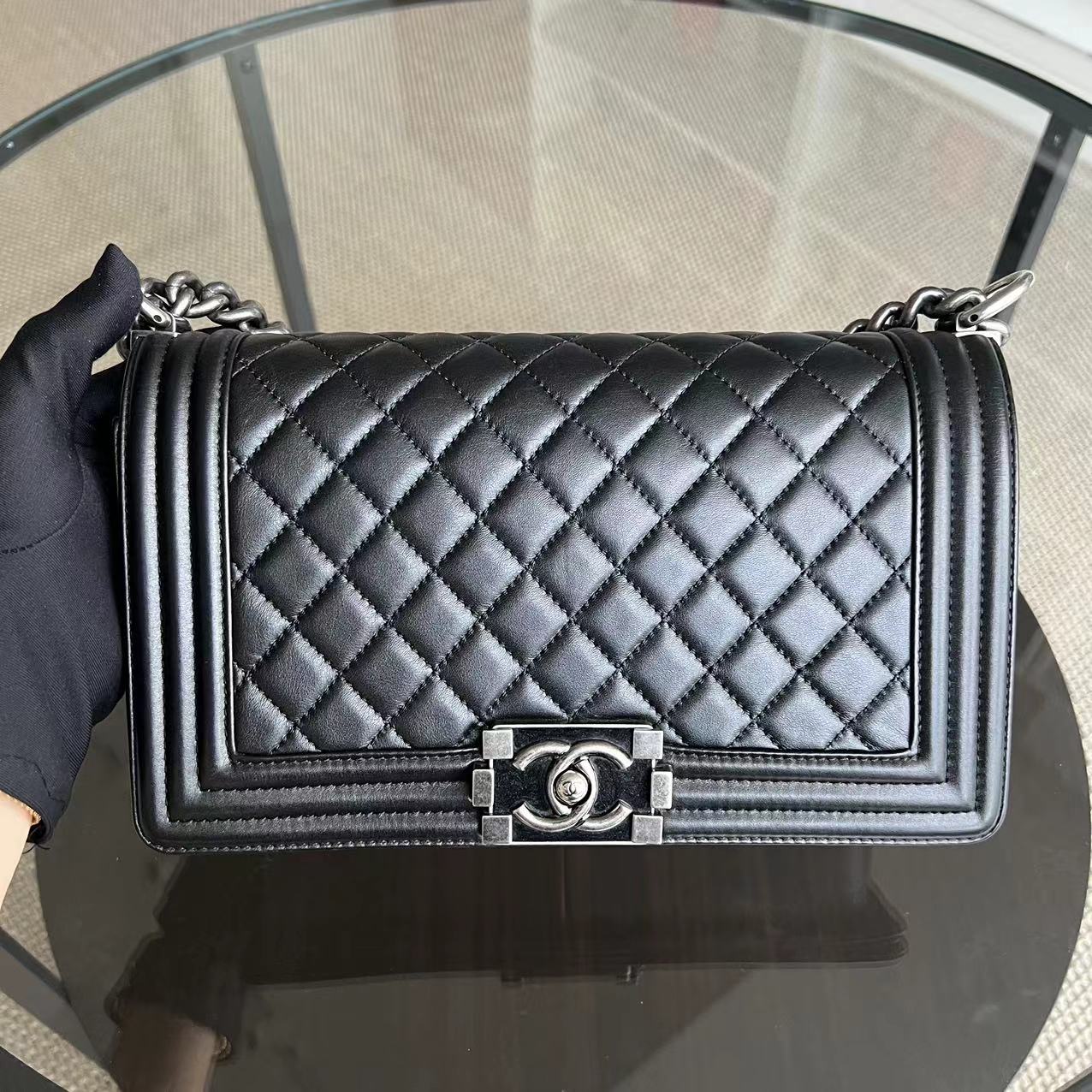 Chanel Boy Medium - 25CM Quilted Calfskin Black Silver Hardware Series 20