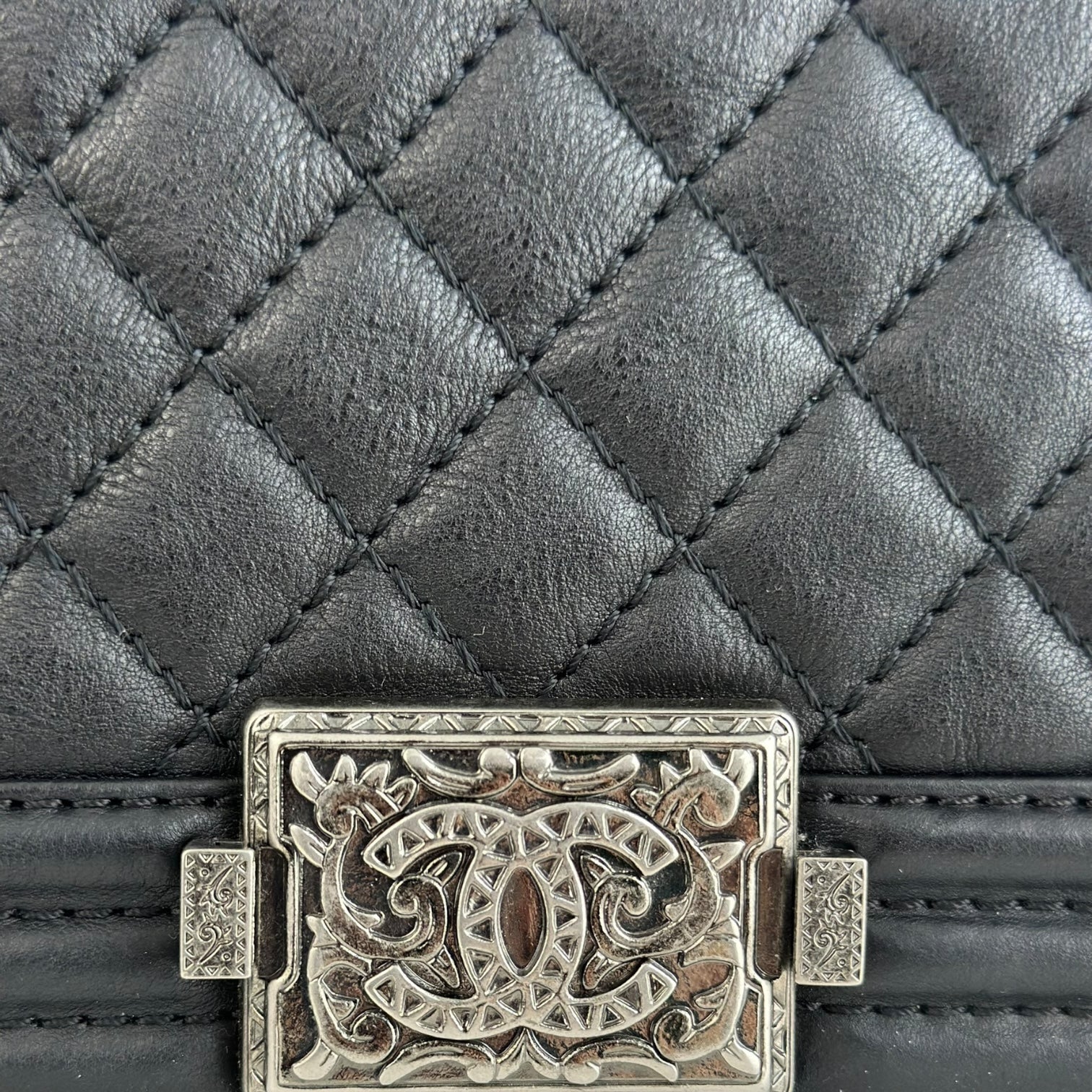 Chanel Boy Medium - 25CM Quilted Limited Edition Paris-Dallas Metal Edge Grained Calfskin Black Silver Hardware Series 19