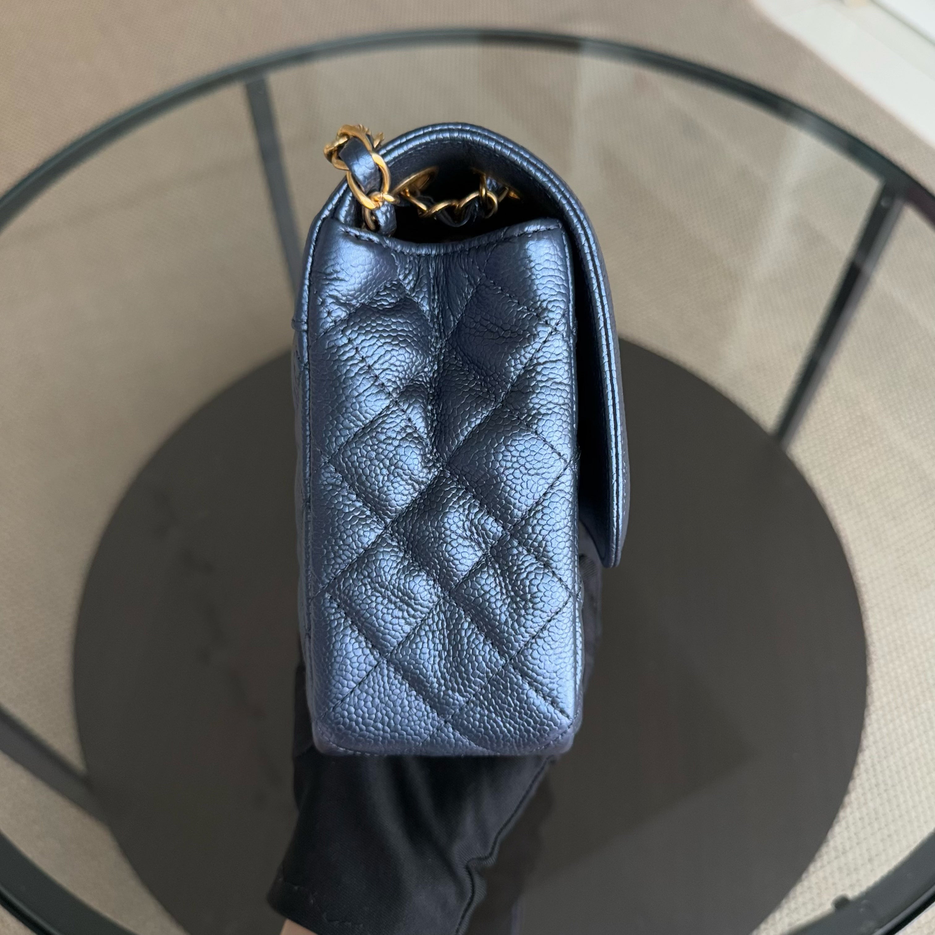 Chanel Crumpled Two Tone Flap - Medium Grained Calfskin Navy Blue Gold Hardware Series 21