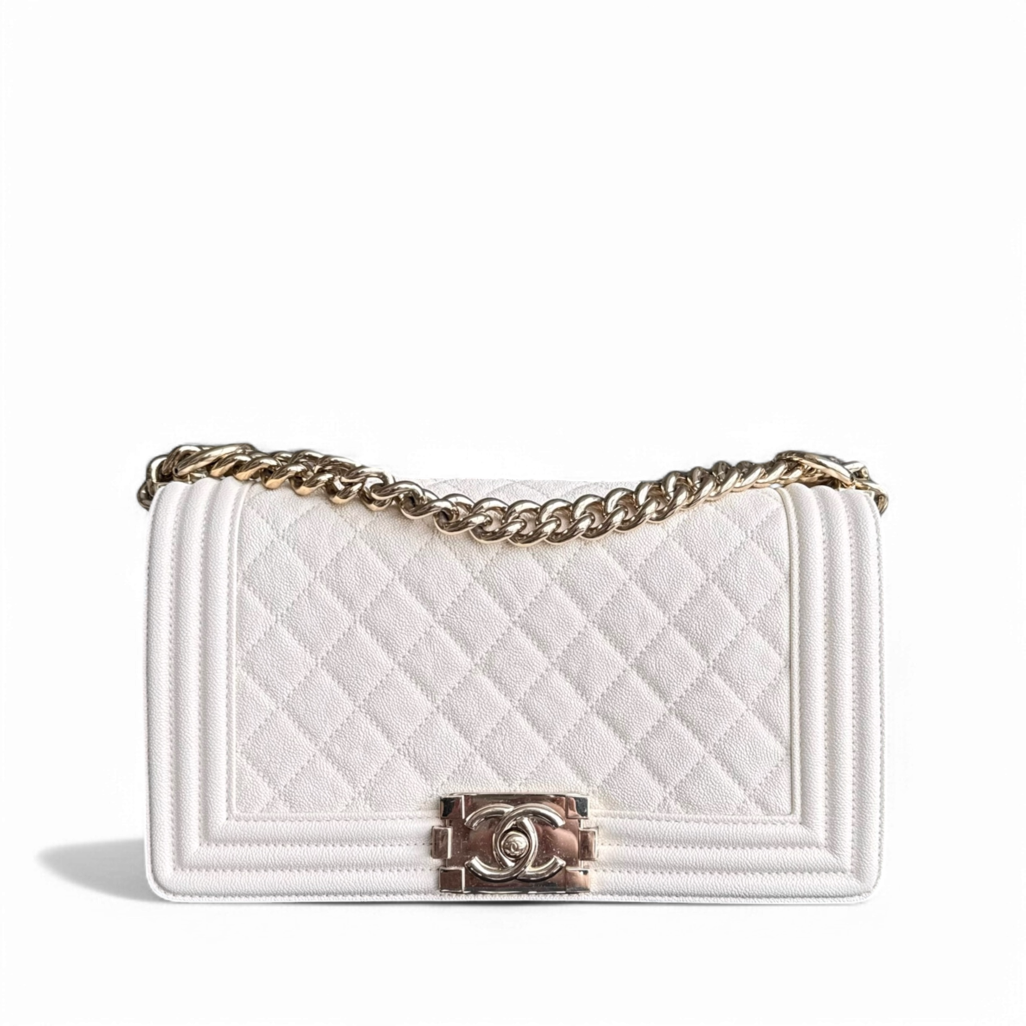 Chanel Boy Medium - Caivar 25CM Quilted Cream White Shiny Gold Hardware Series 28