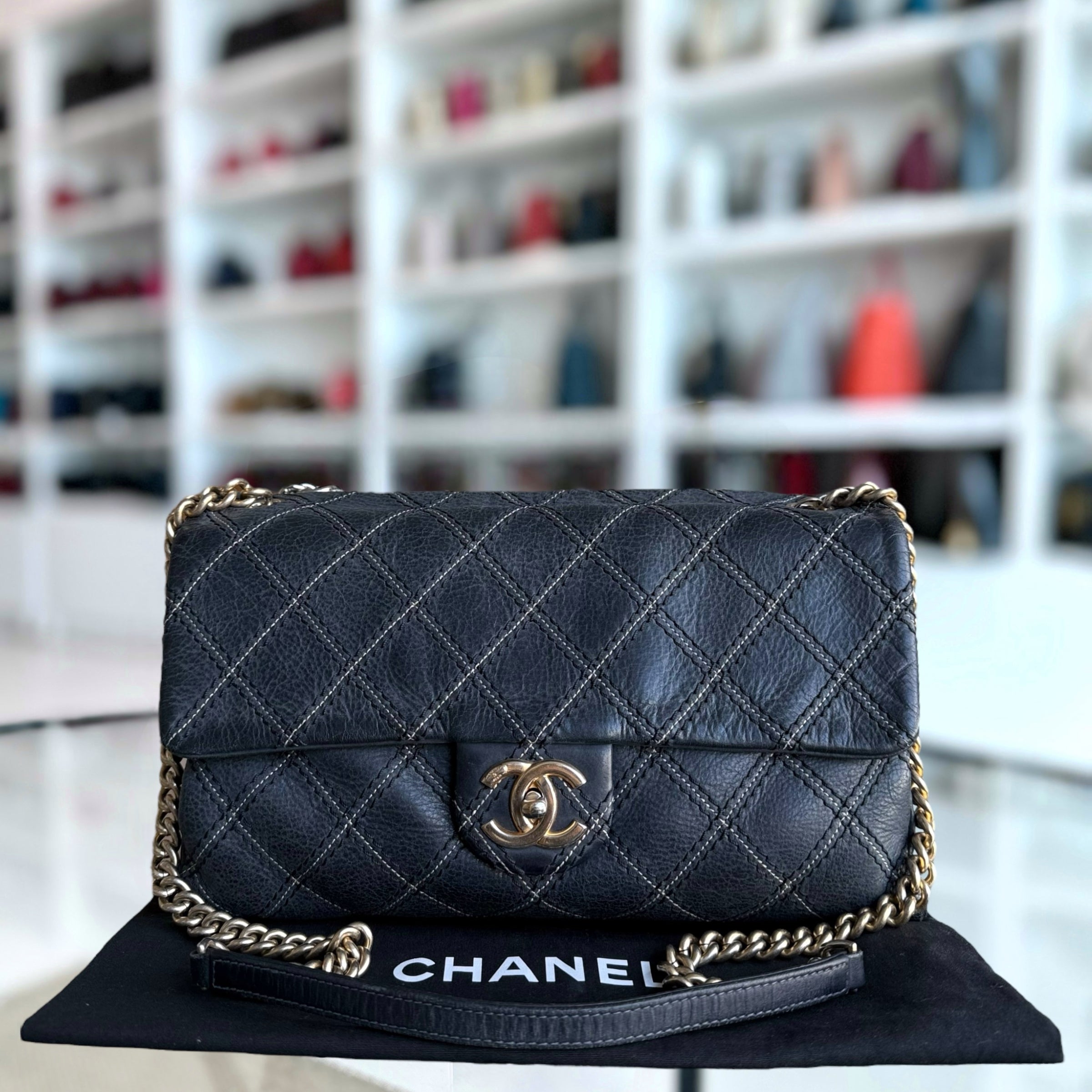 Chanel Seasonal Flap - Iridescent Stitch Quilted Leather Dark Blue Gold Hardware Series 19