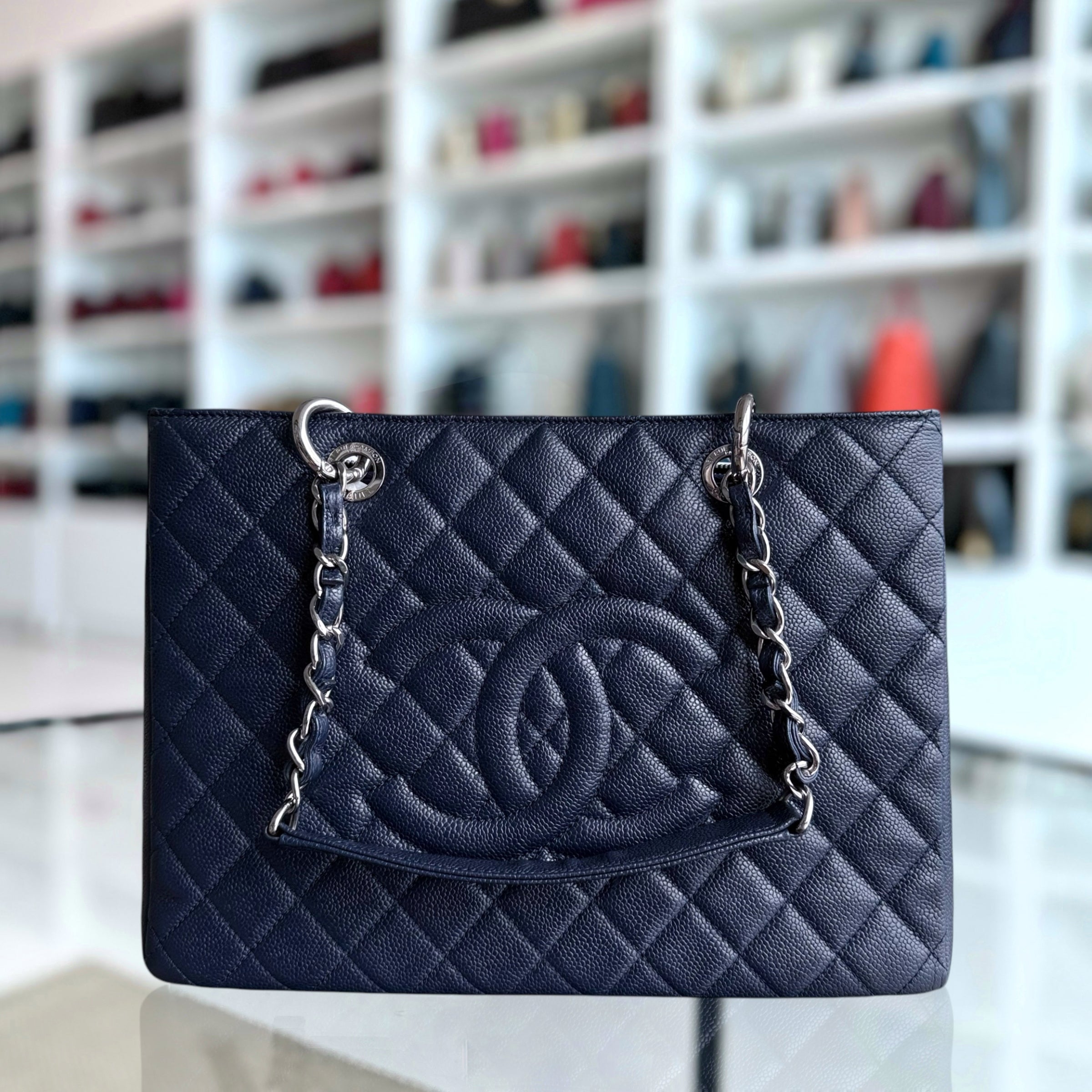 Chanel GST Grand Shopping Tote - Caviar Quilted Dark Midnight Blue Silver Hardware Series 18