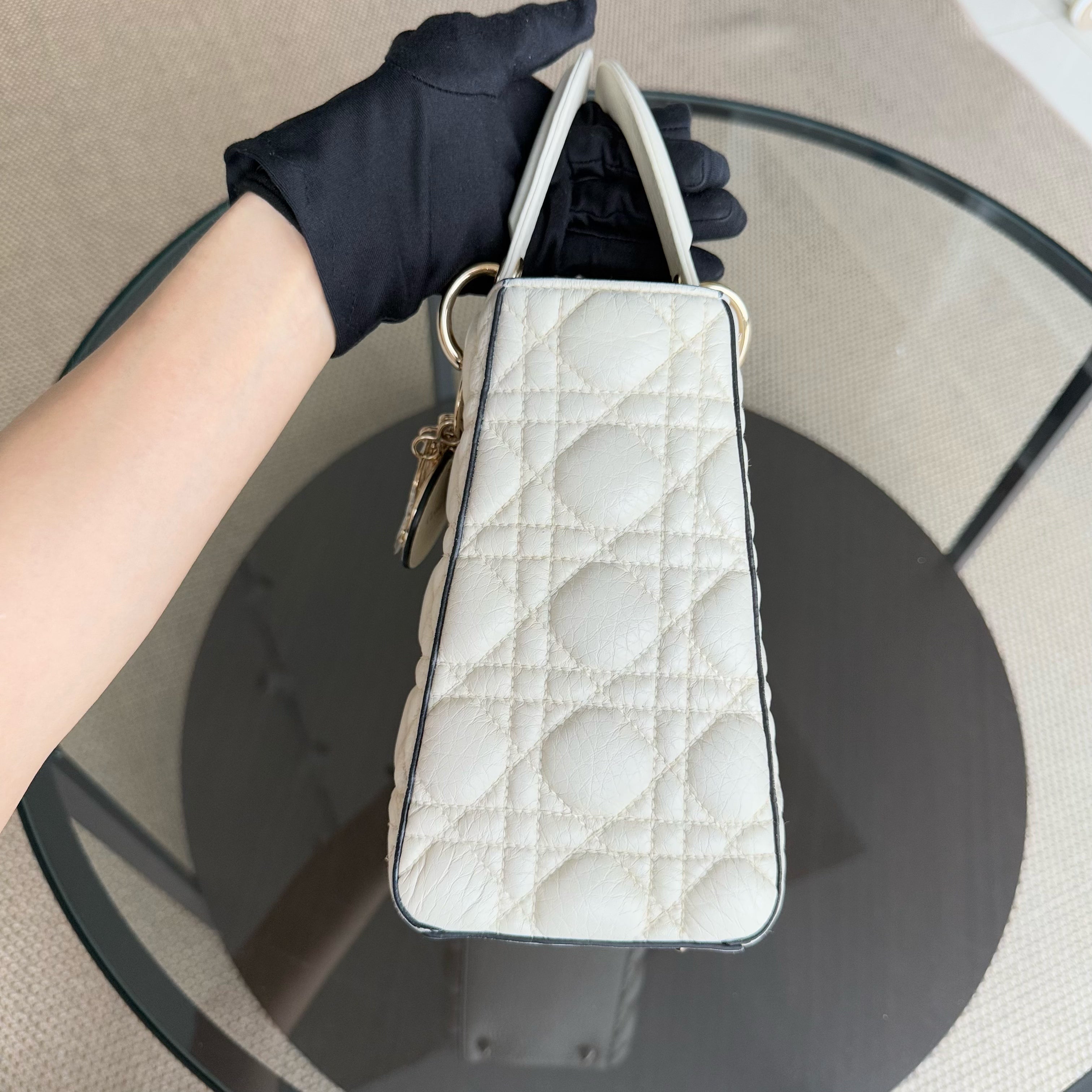 Dior Lady Medium Flap - Grained Calfskin Cannage Cream White Gold Hardware