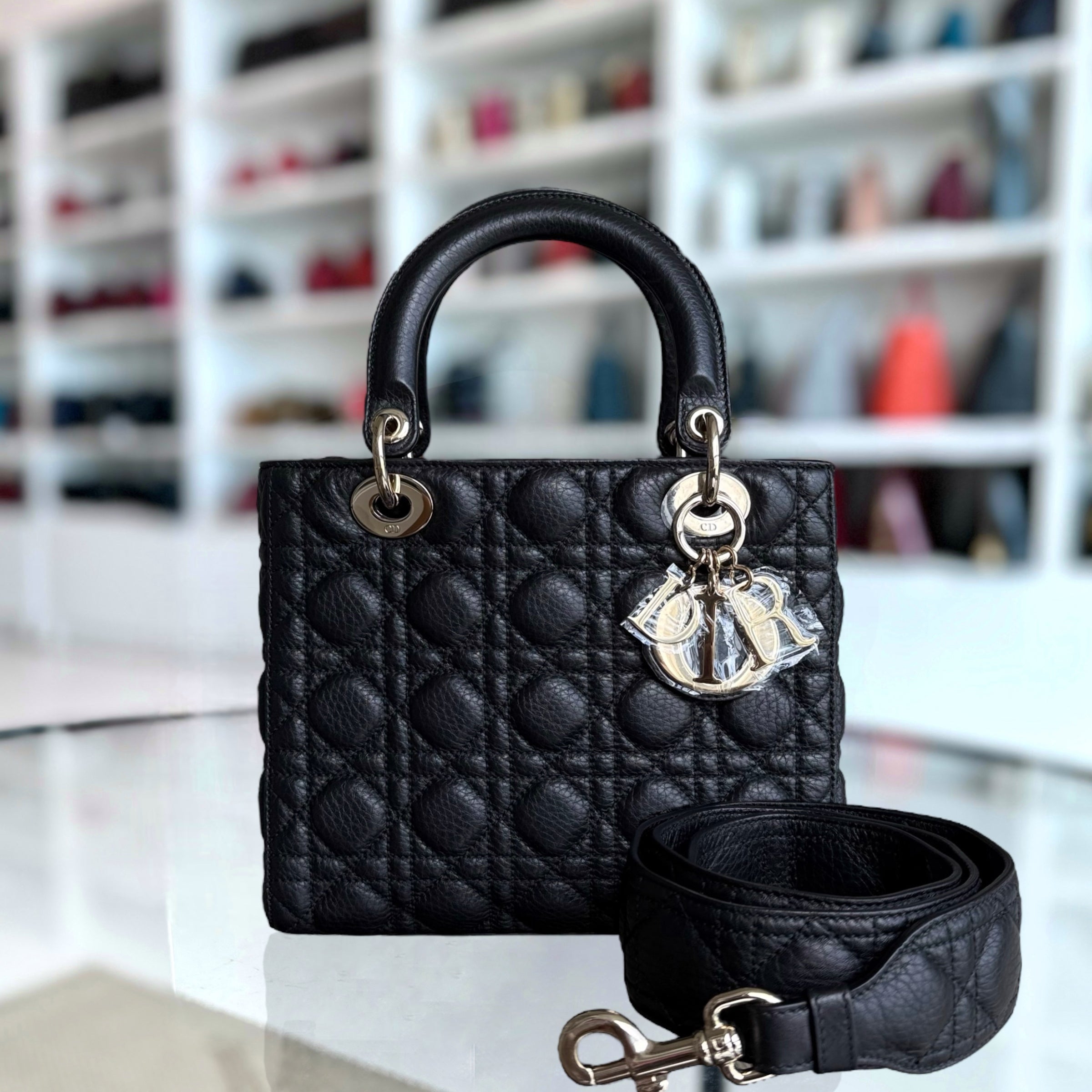 Dior Lady Medium Flap - Cannage Grained Calfskin Black Gold Hardware