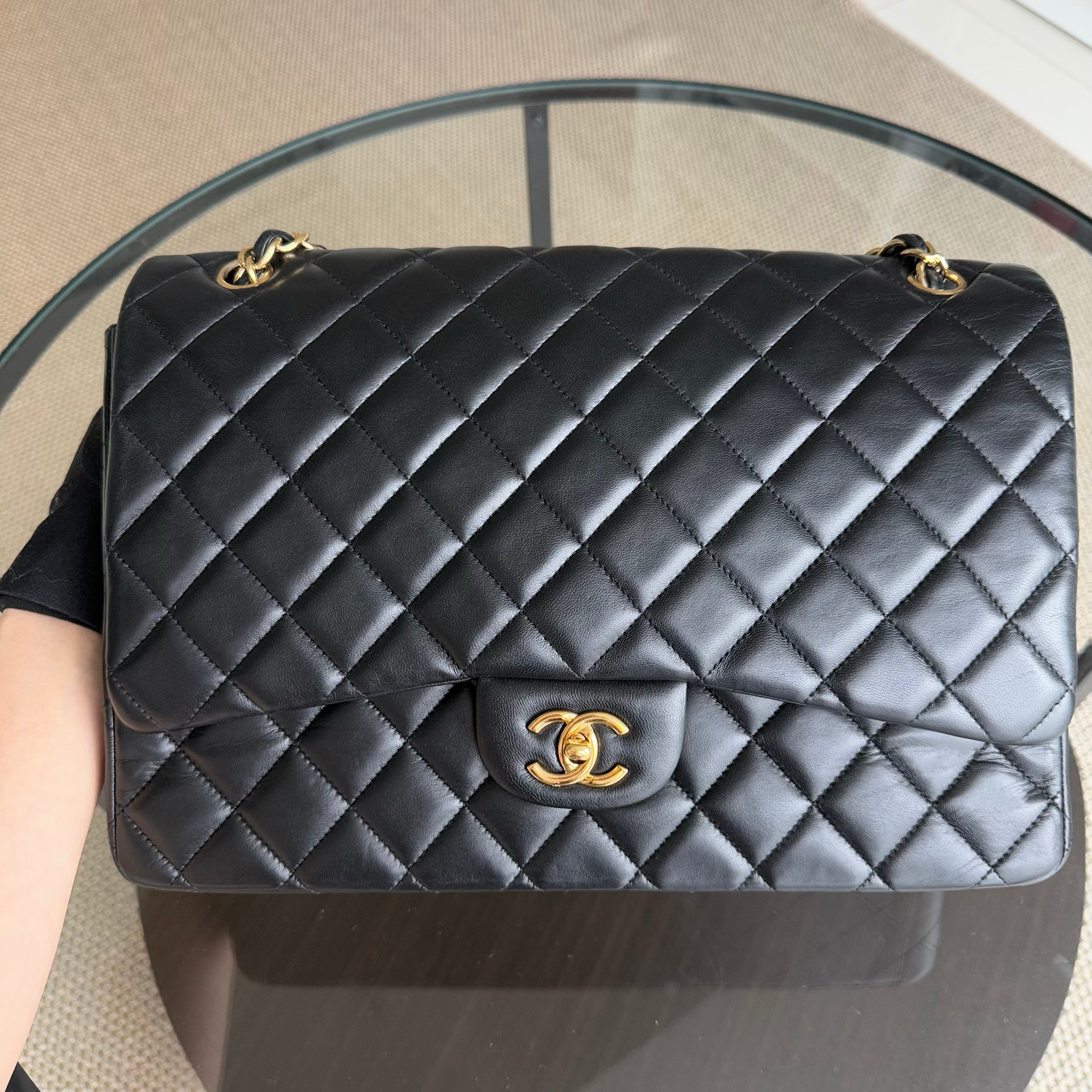 Chanel Classic Flap Maxi - 34CM Quilted Single Flap Lambskin Black Gold Hardware Series 13