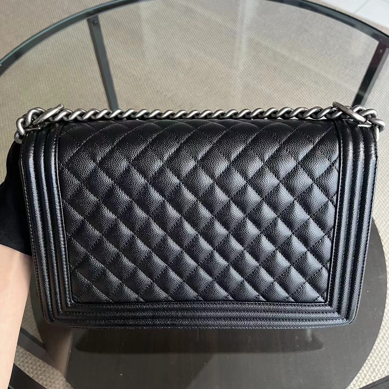 *Like New* Chanel Caviar New Medium Boy 28CM Quilted Grained Calfskin Black Ruthenium Silver Hardware Series 27