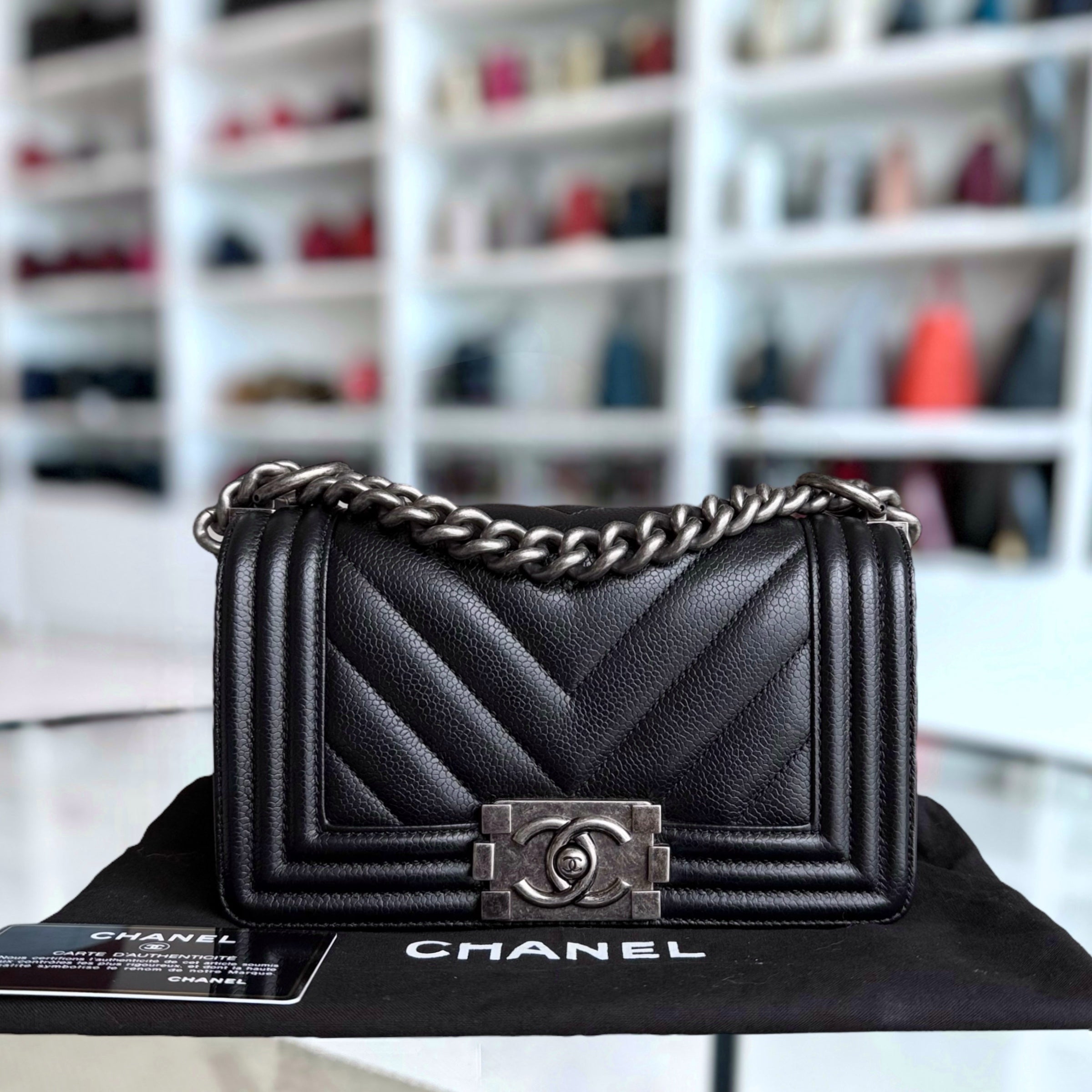 Chanel Boy Small - Caviar 20CM Chevron Black Ruthenium Silver Hardware Series 28