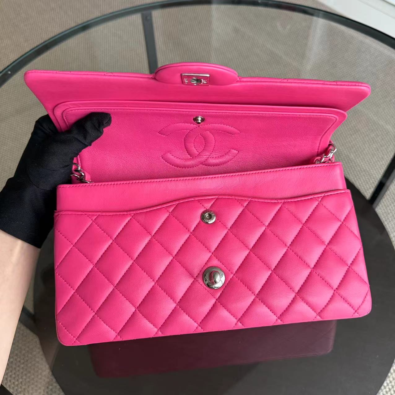 Chanel Classic Flap Medium Bag - Quilted Lambskin Hot Pink Silver Hardware Series 19