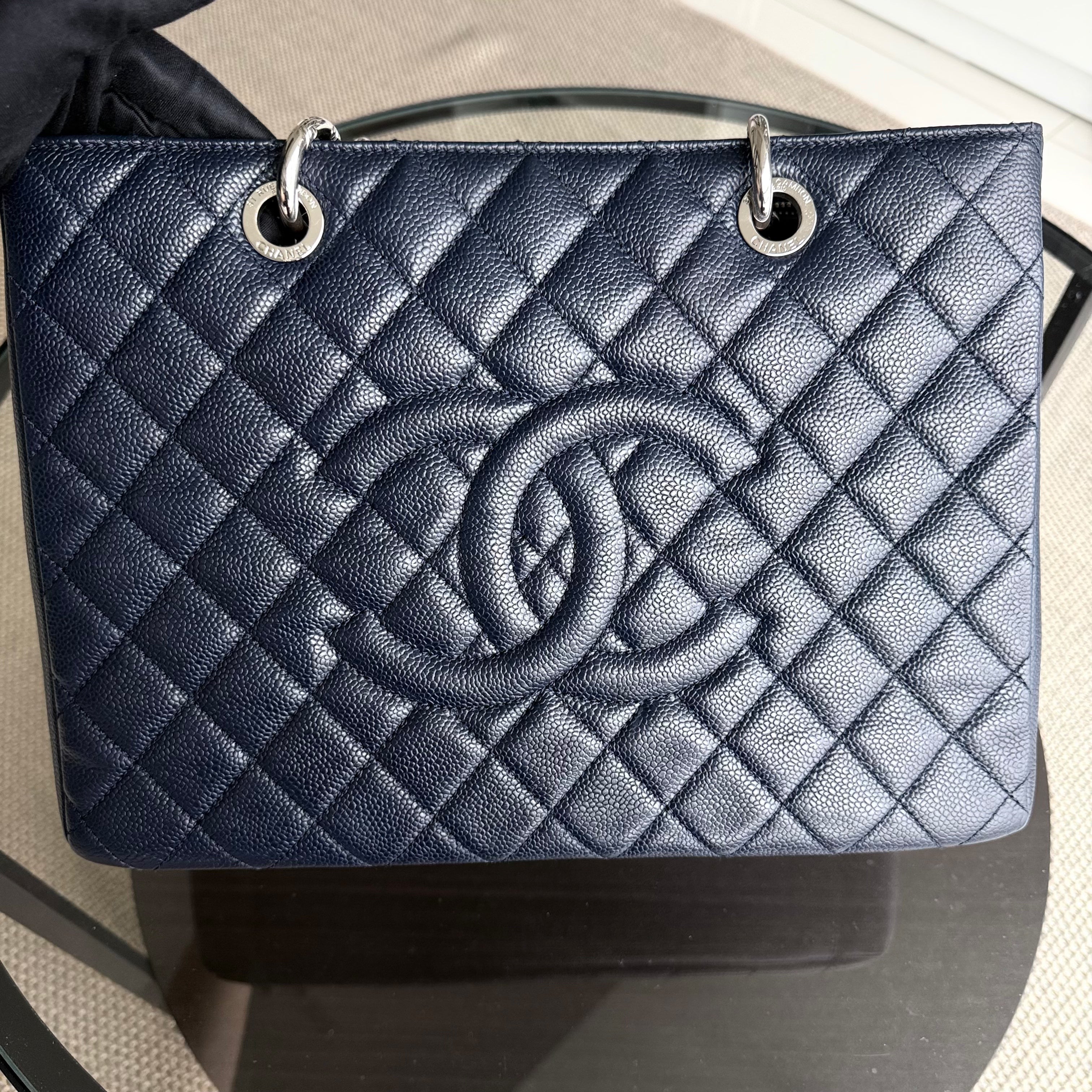 Chanel GST Grand Shopping Tote - Caviar Quilted Dark Midnight Blue Silver Hardware Series 18