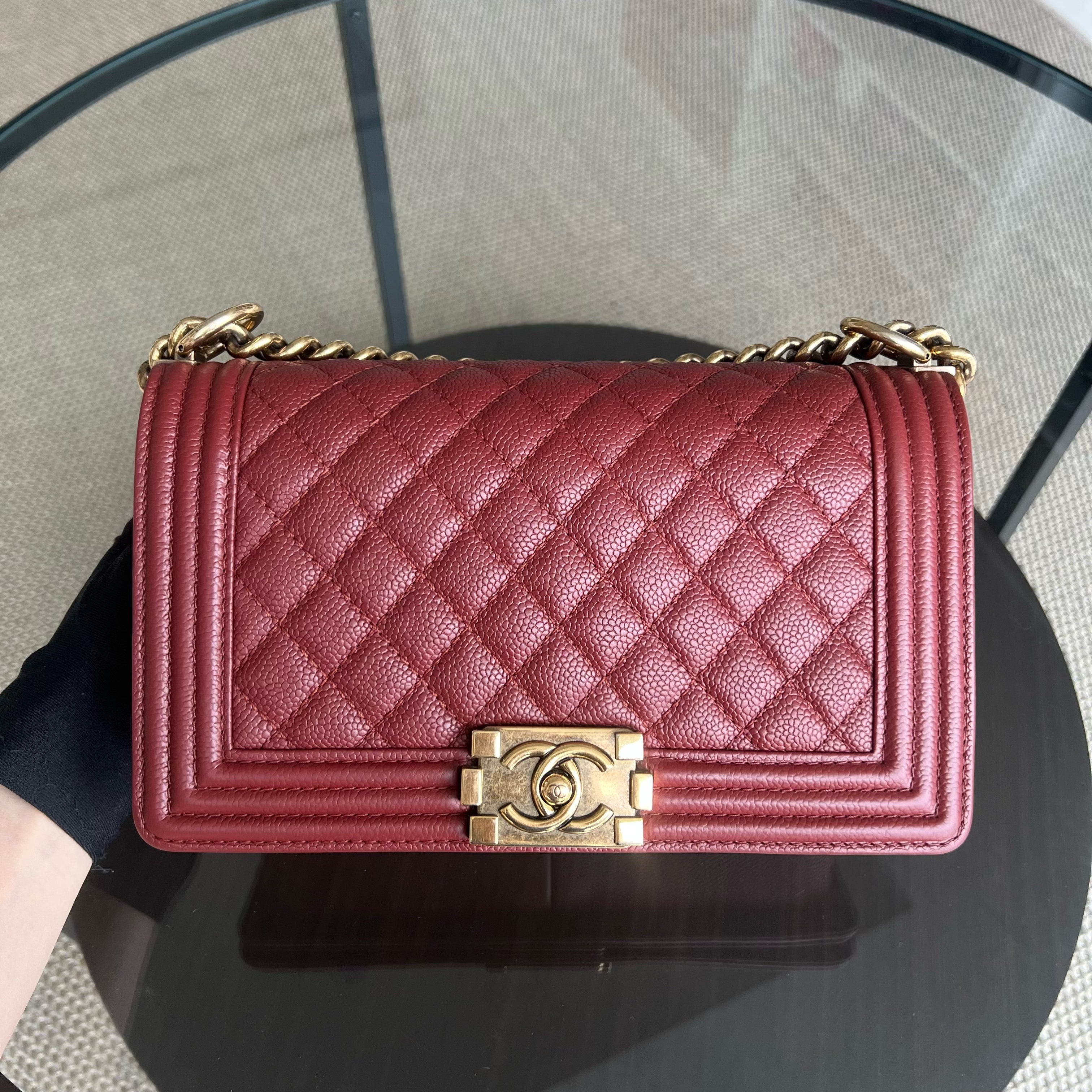 Chanel Boy Medium - Caviar 25CM Quilted Red Ruthenium Gold Hardware Series 20