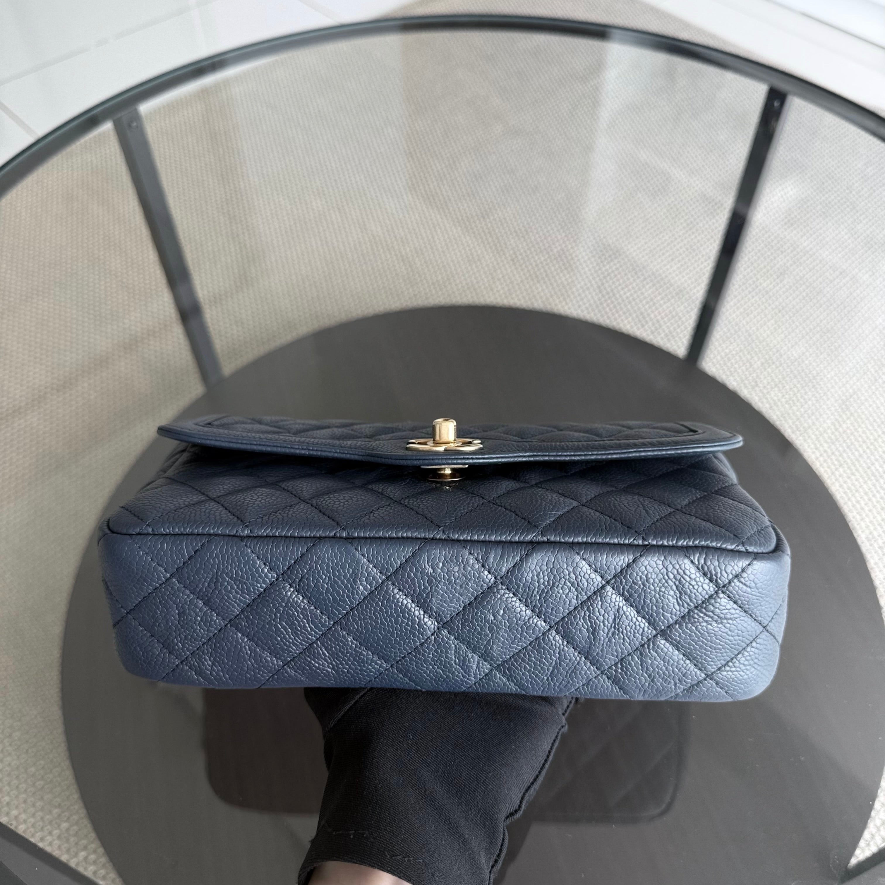 Chanel Two Tone Flap - Medium Crumpled Grained Calfskin Navy Blue Gold