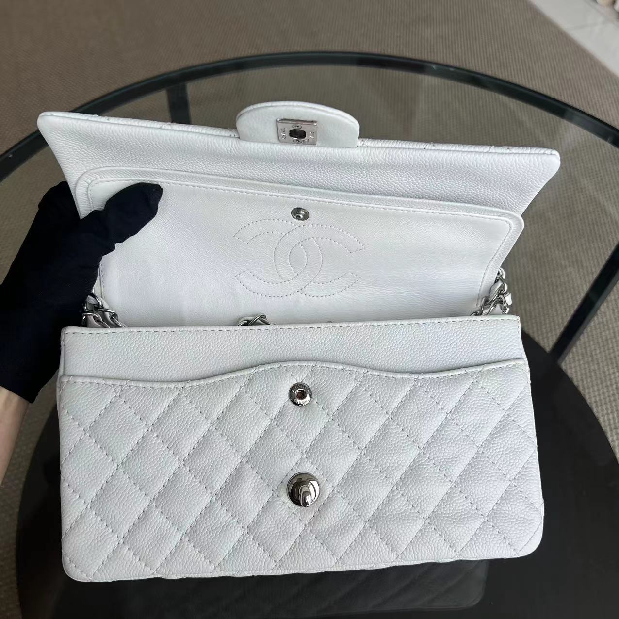 Chanel Classic Flap Caviar Calfskin White Silver Hardware Series 12