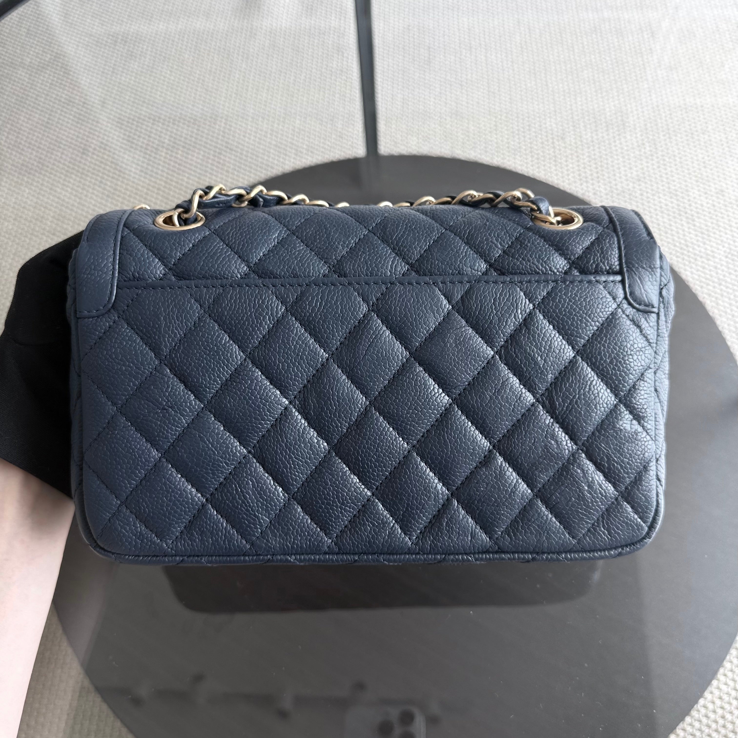 Chanel Two Tone Flap - Medium Crumpled Grained Calfskin Navy Blue Gold