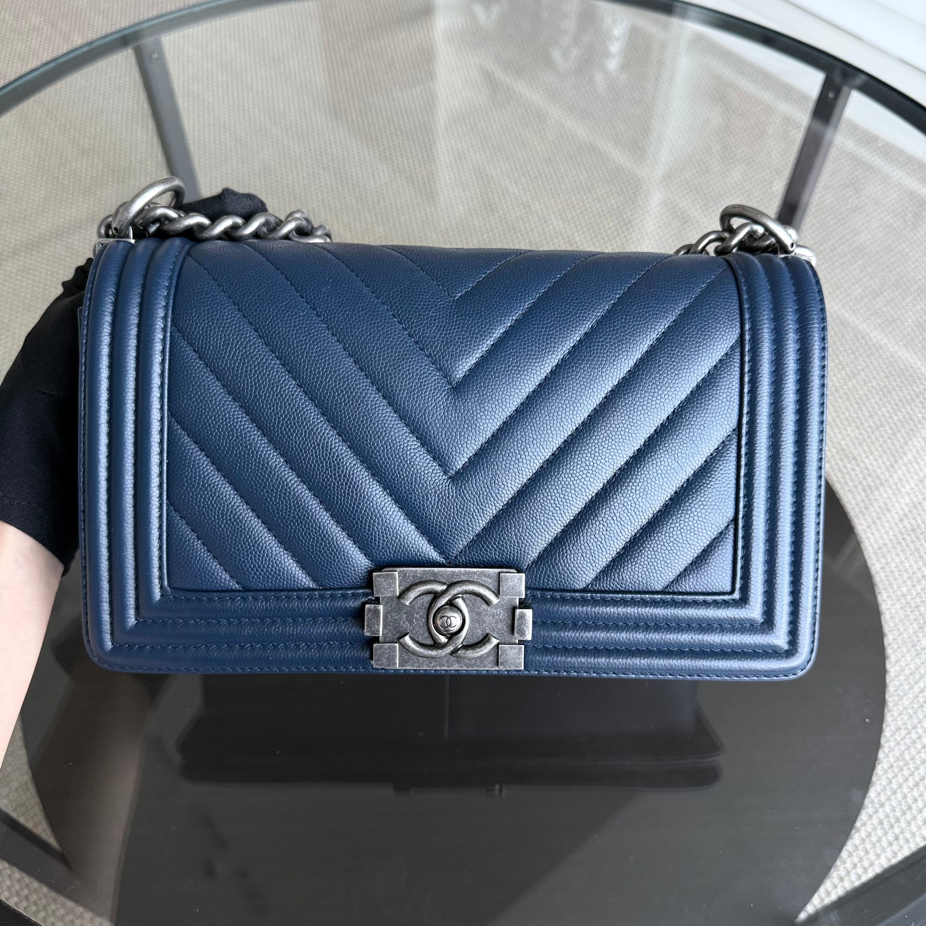 Chanel Boy Medium - Caviar Chevron Dark Blue Ruthenium Silver Hardware Series 24