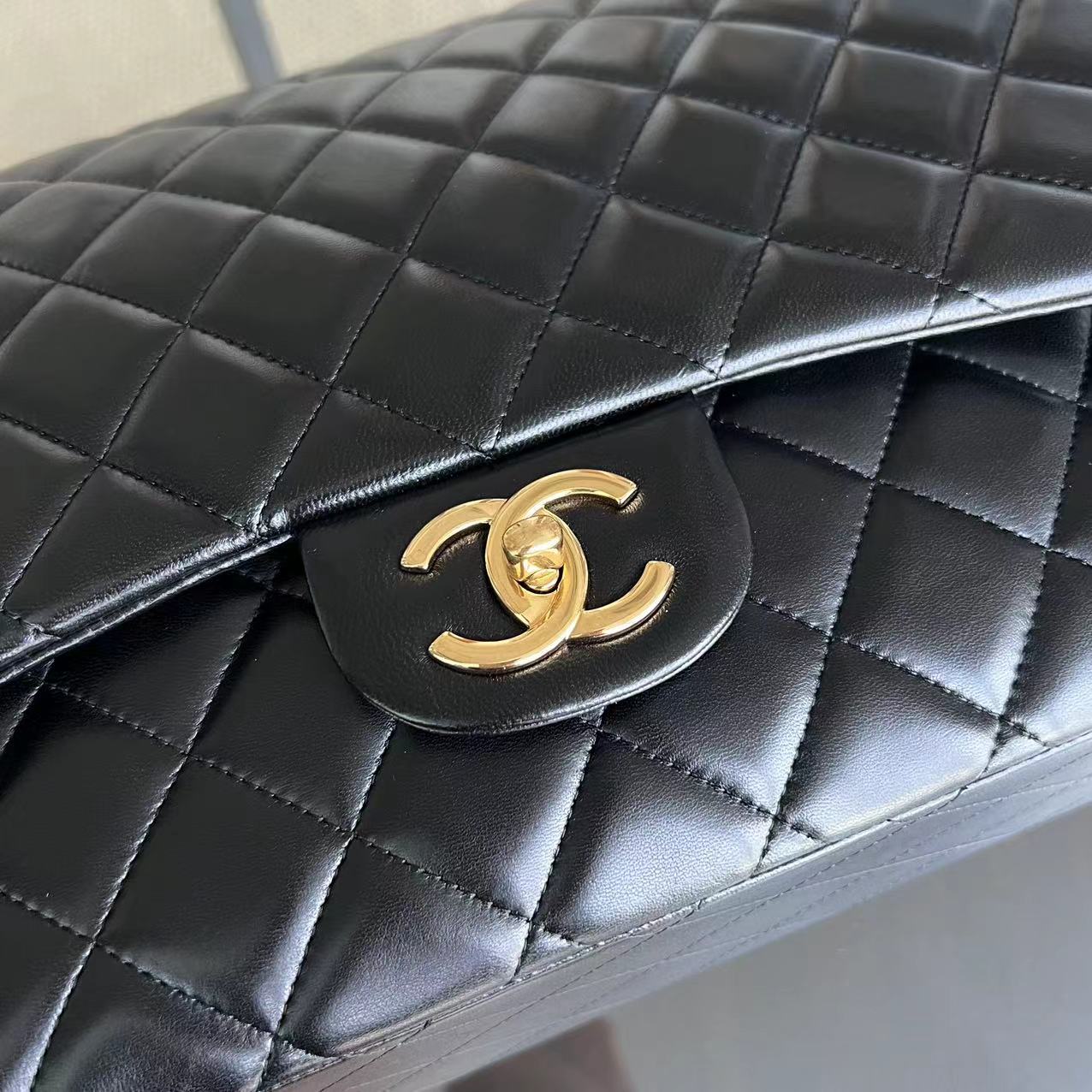 Chanel Maxi Classic Flap Double Flap Quilted Lambskin Black Golden Hardware Series 14