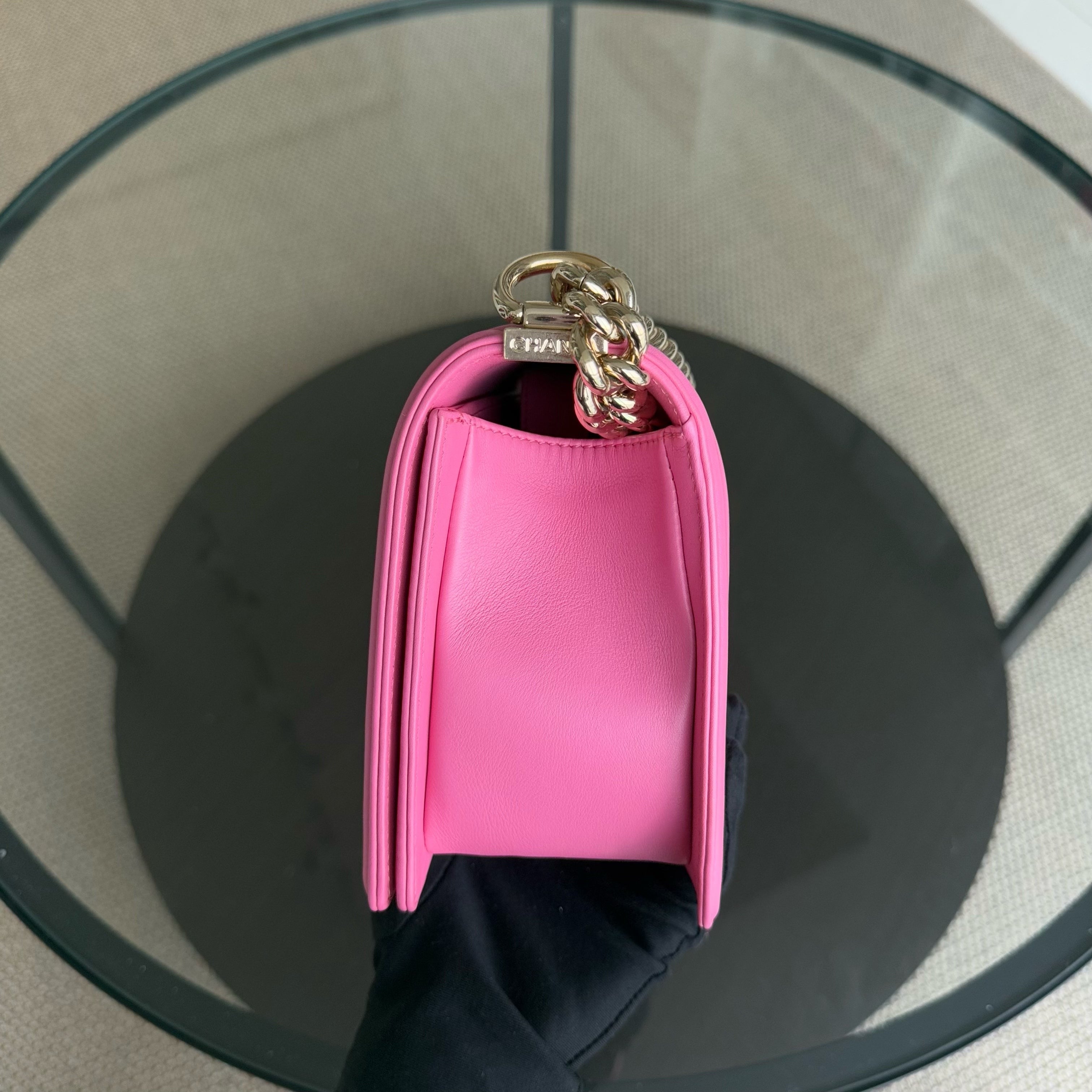 Chanel Boy Medium - Caflskin 25CM Quilted Pink Gold Hardware