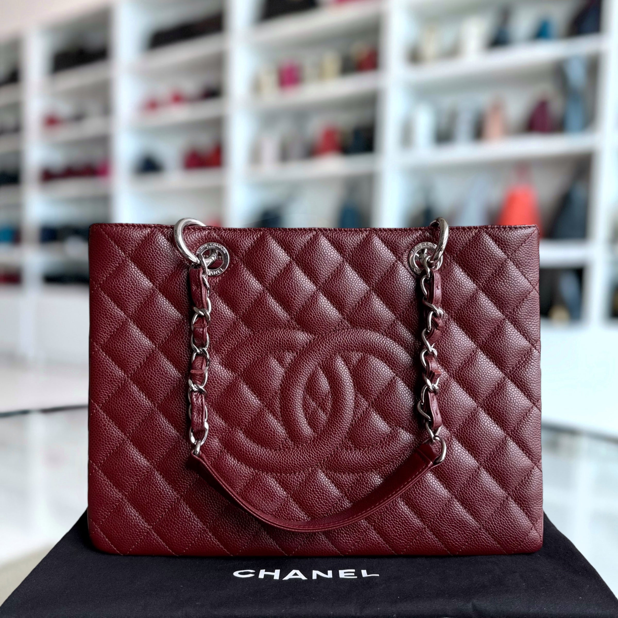 Chanel GST Grand Shopping Tote - Burgundy Caviar Quilted Silver Hardware Series 18